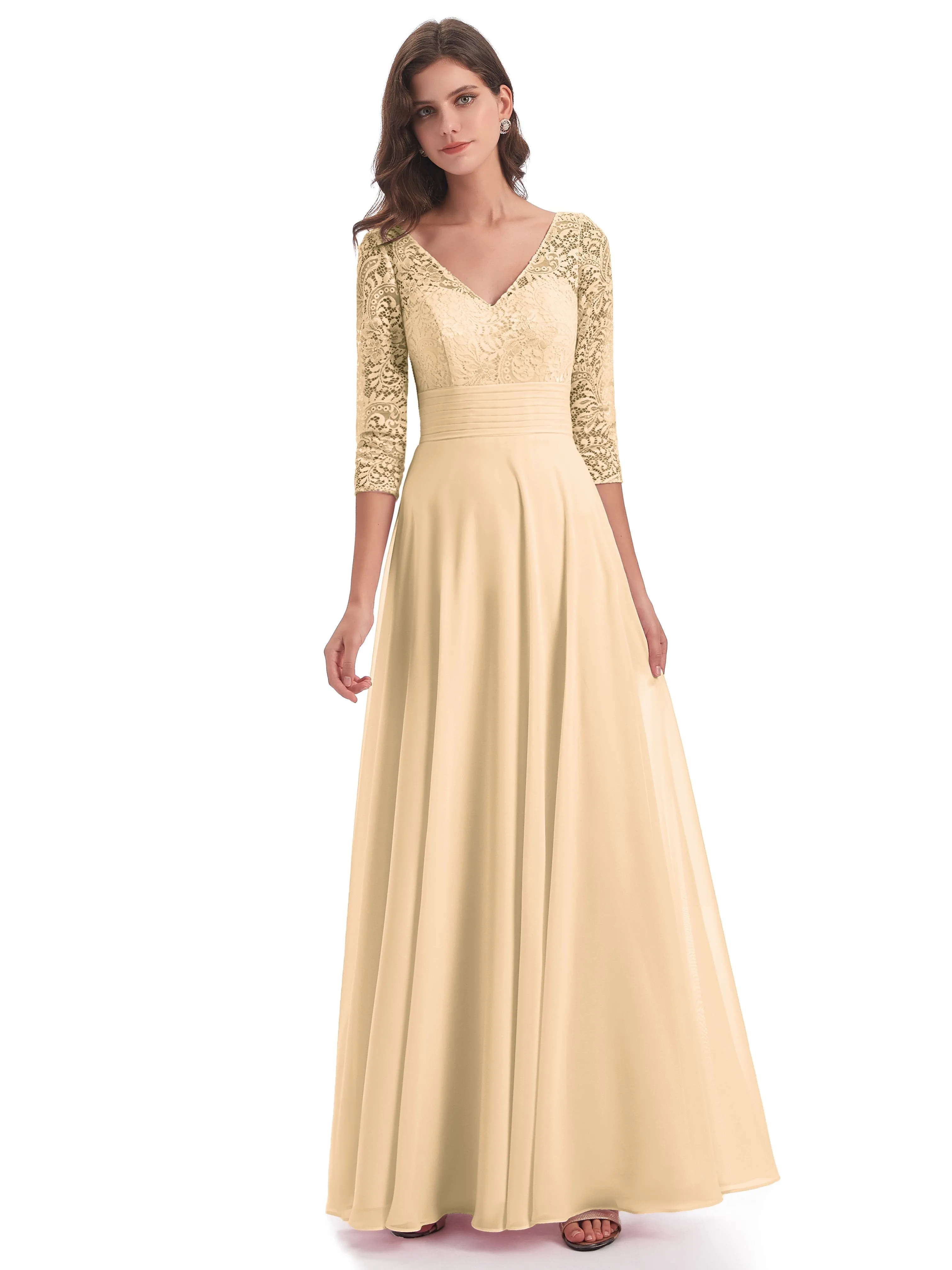 Maya Charming 3/4 Length Sleeves Long Chiffon Bridesmaid Dresses With Lace