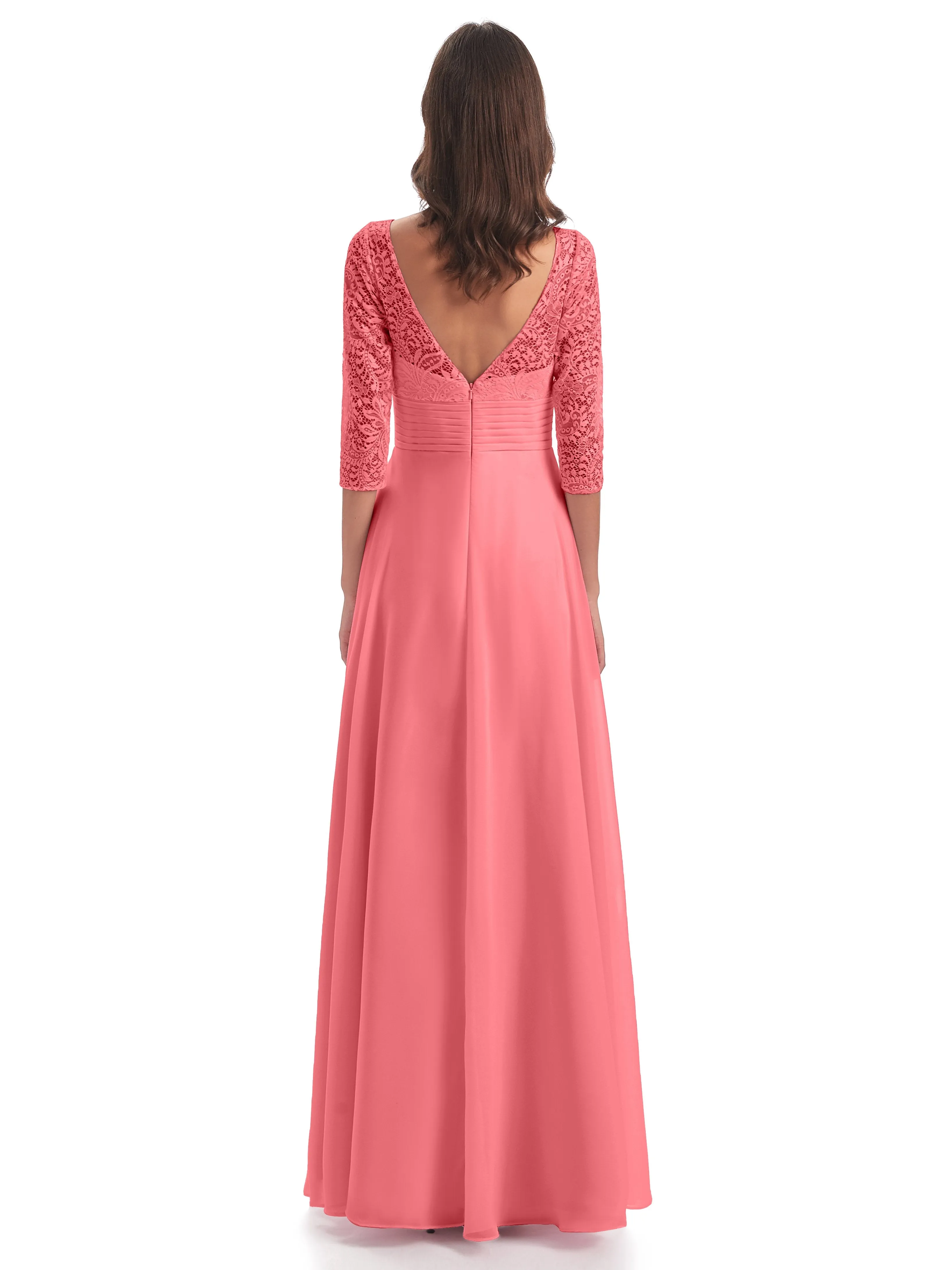 Maya Charming 3/4 Length Sleeves Long Chiffon Bridesmaid Dresses With Lace