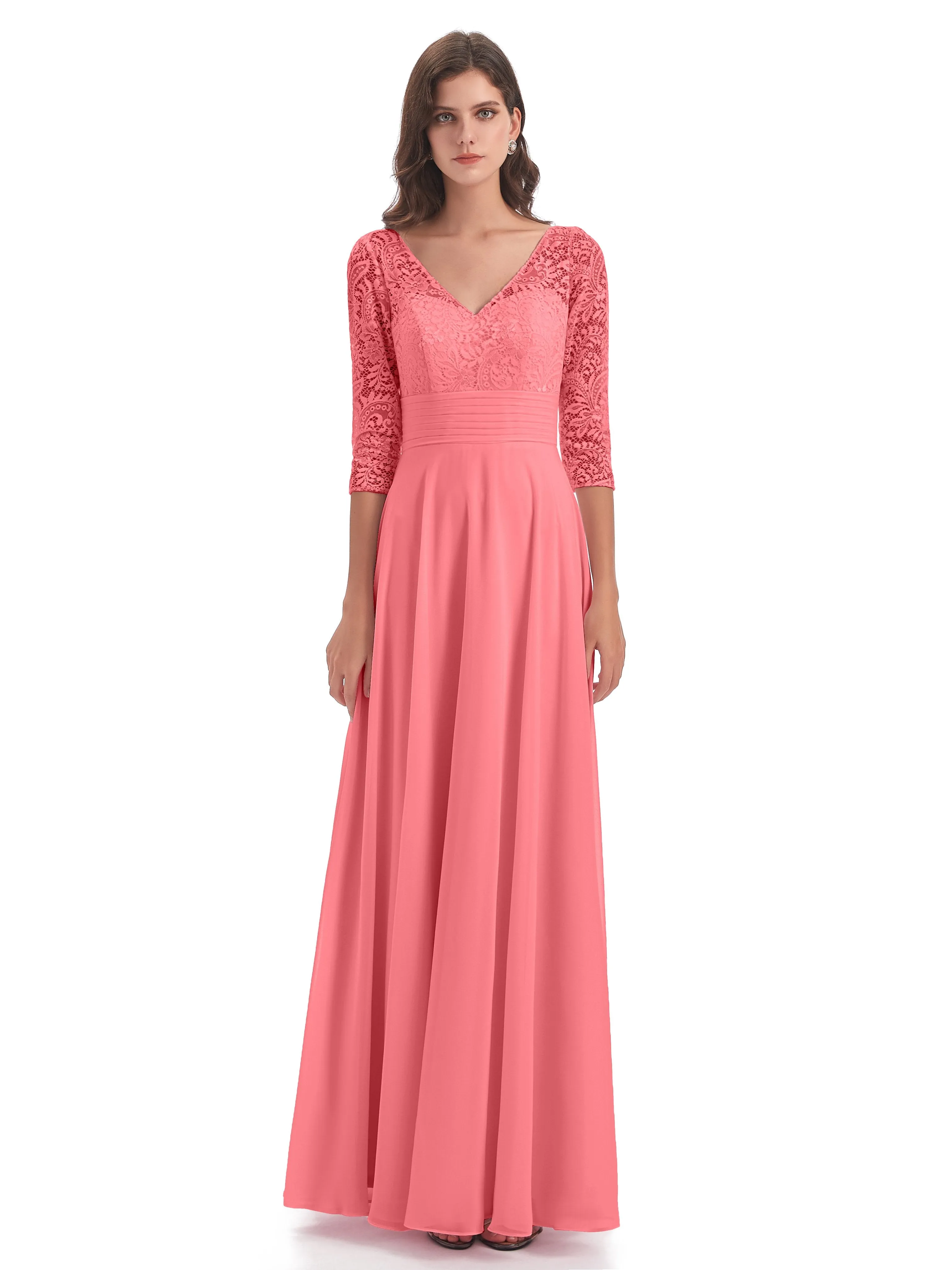 Maya Charming 3/4 Length Sleeves Long Chiffon Bridesmaid Dresses With Lace