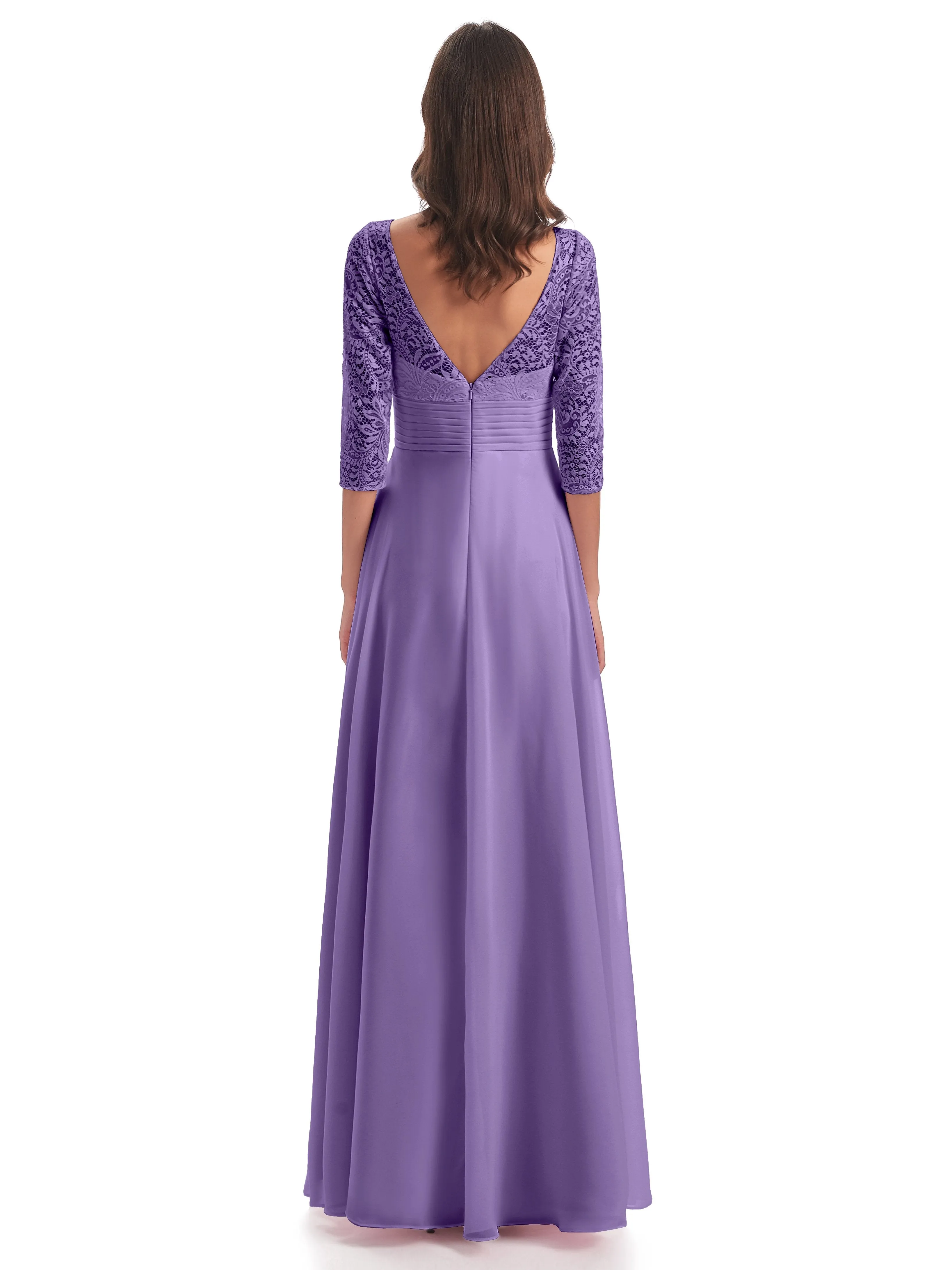 Maya Charming 3/4 Length Sleeves Long Chiffon Bridesmaid Dresses With Lace