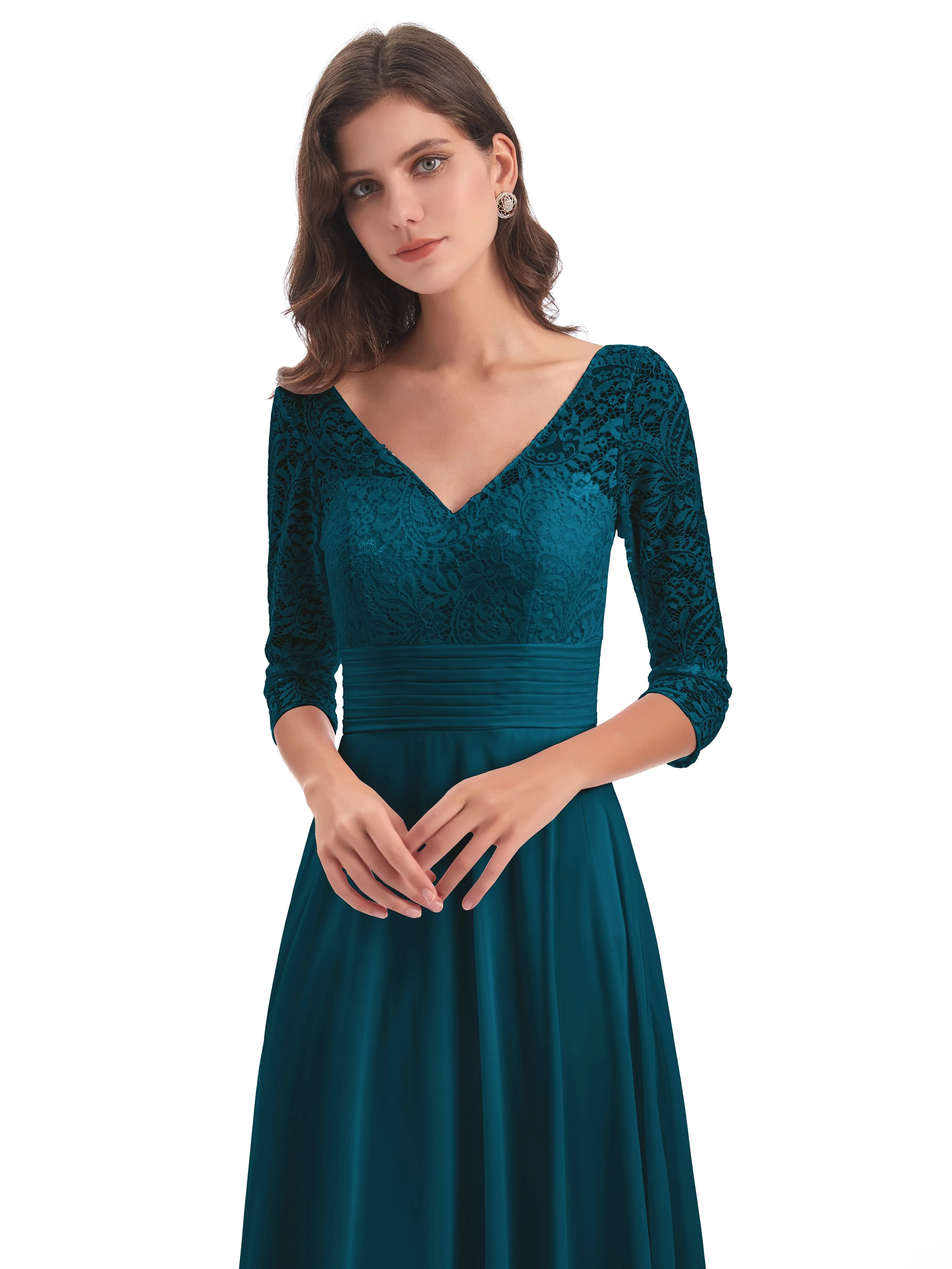 Maya Charming 3/4 Length Sleeves Long Chiffon Bridesmaid Dresses With Lace