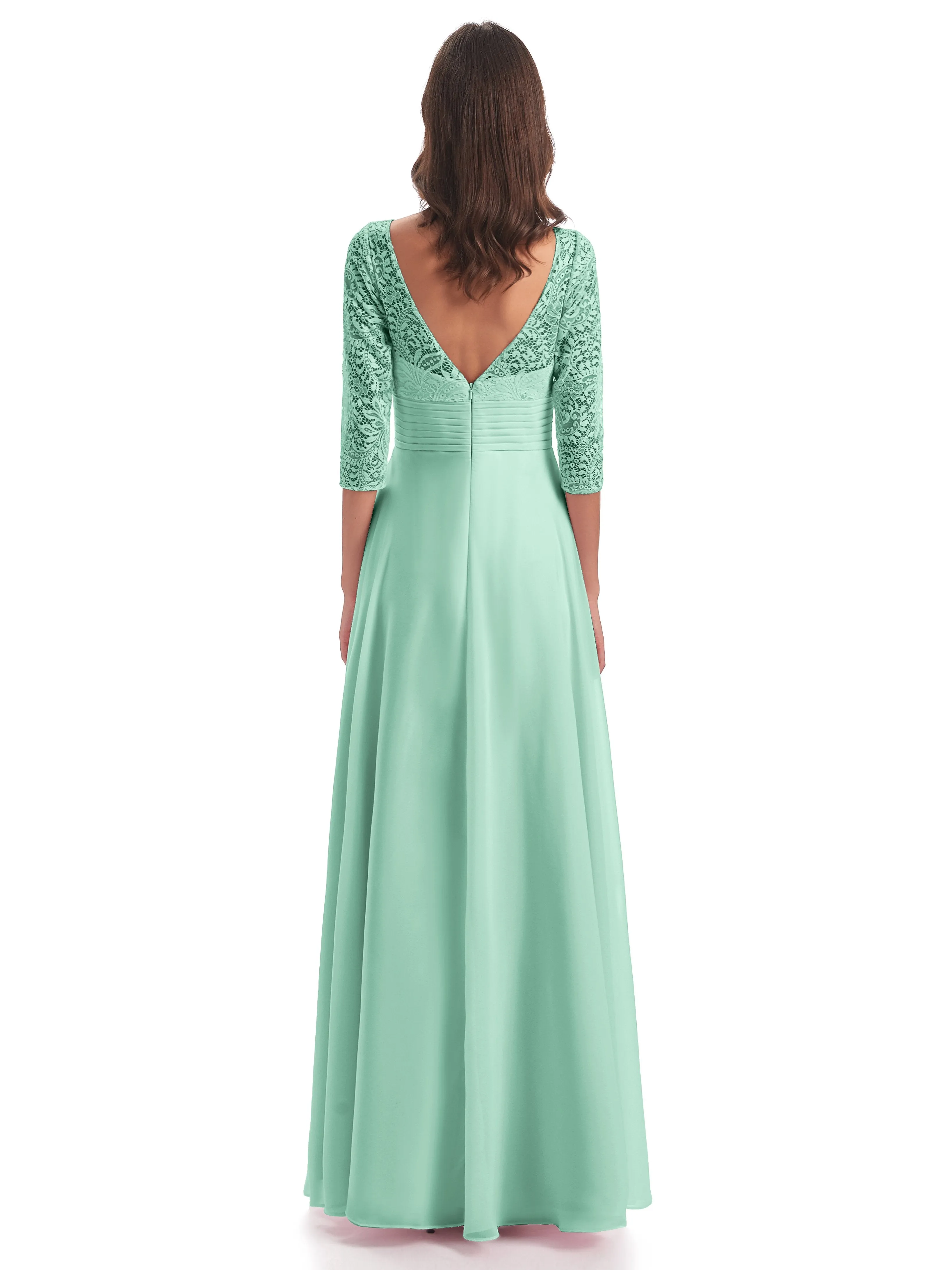 Maya Charming 3/4 Length Sleeves Long Chiffon Bridesmaid Dresses With Lace