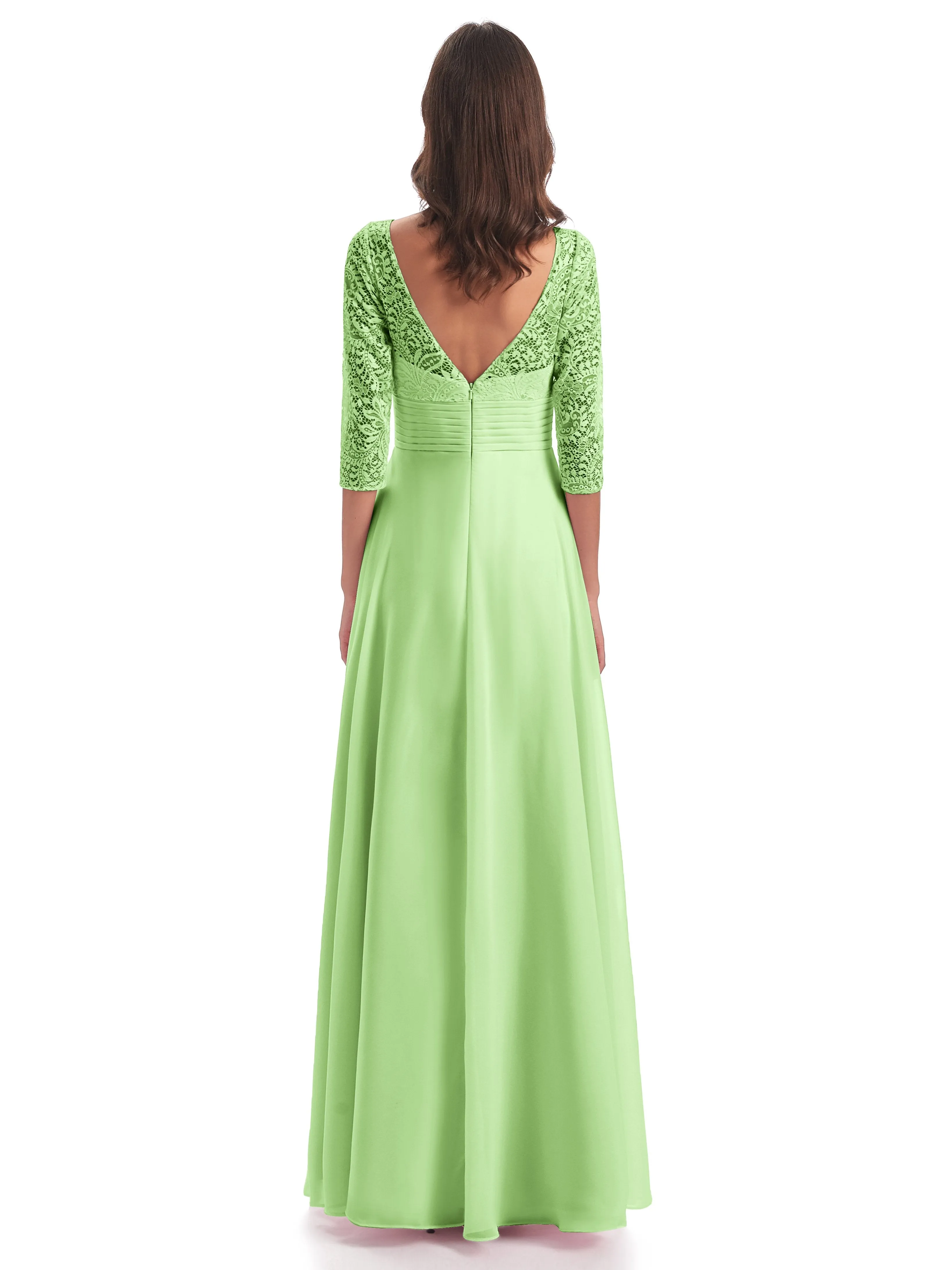 Maya Charming 3/4 Length Sleeves Long Chiffon Bridesmaid Dresses With Lace