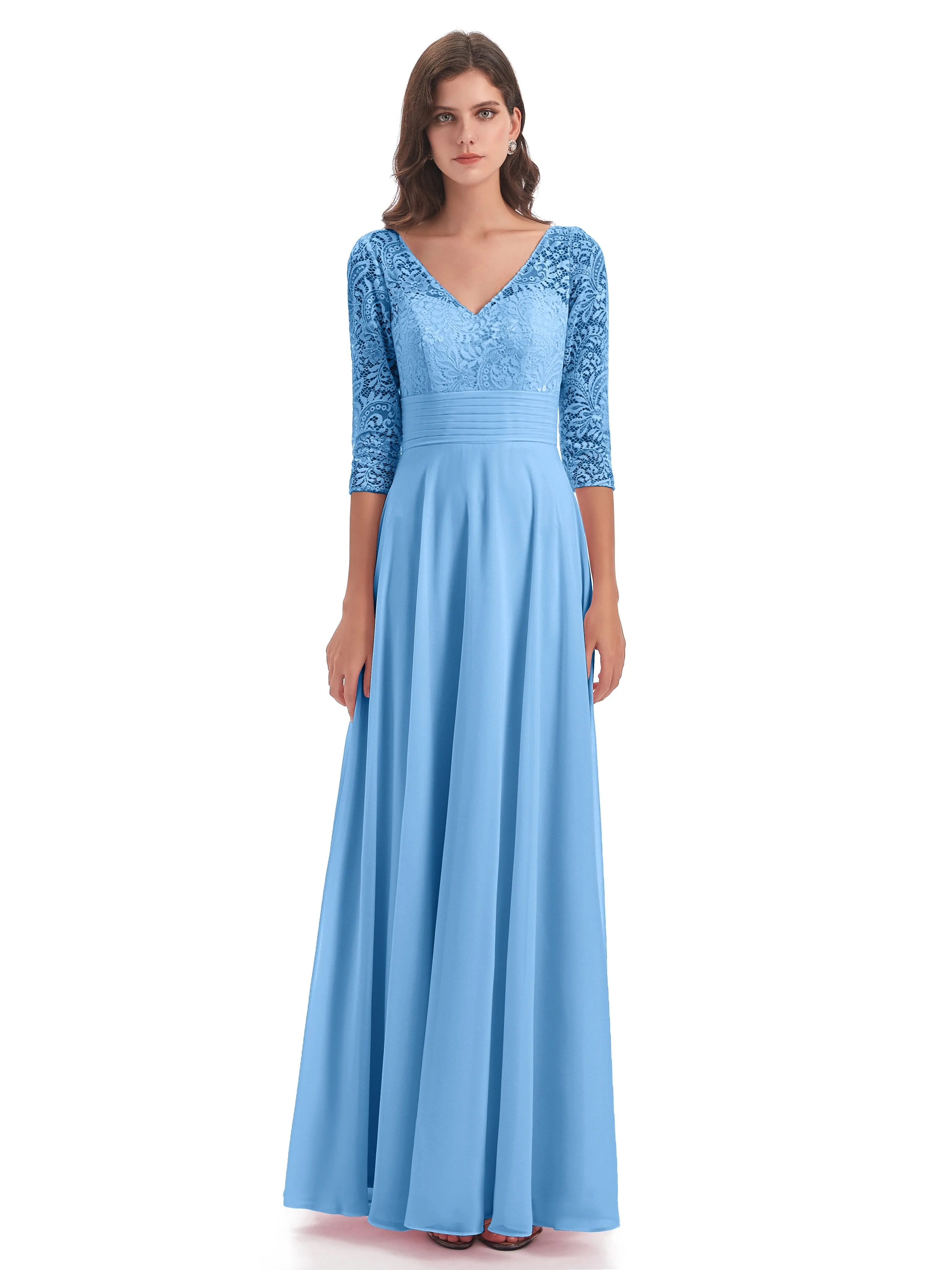 Maya Charming 3/4 Length Sleeves Long Chiffon Bridesmaid Dresses With Lace