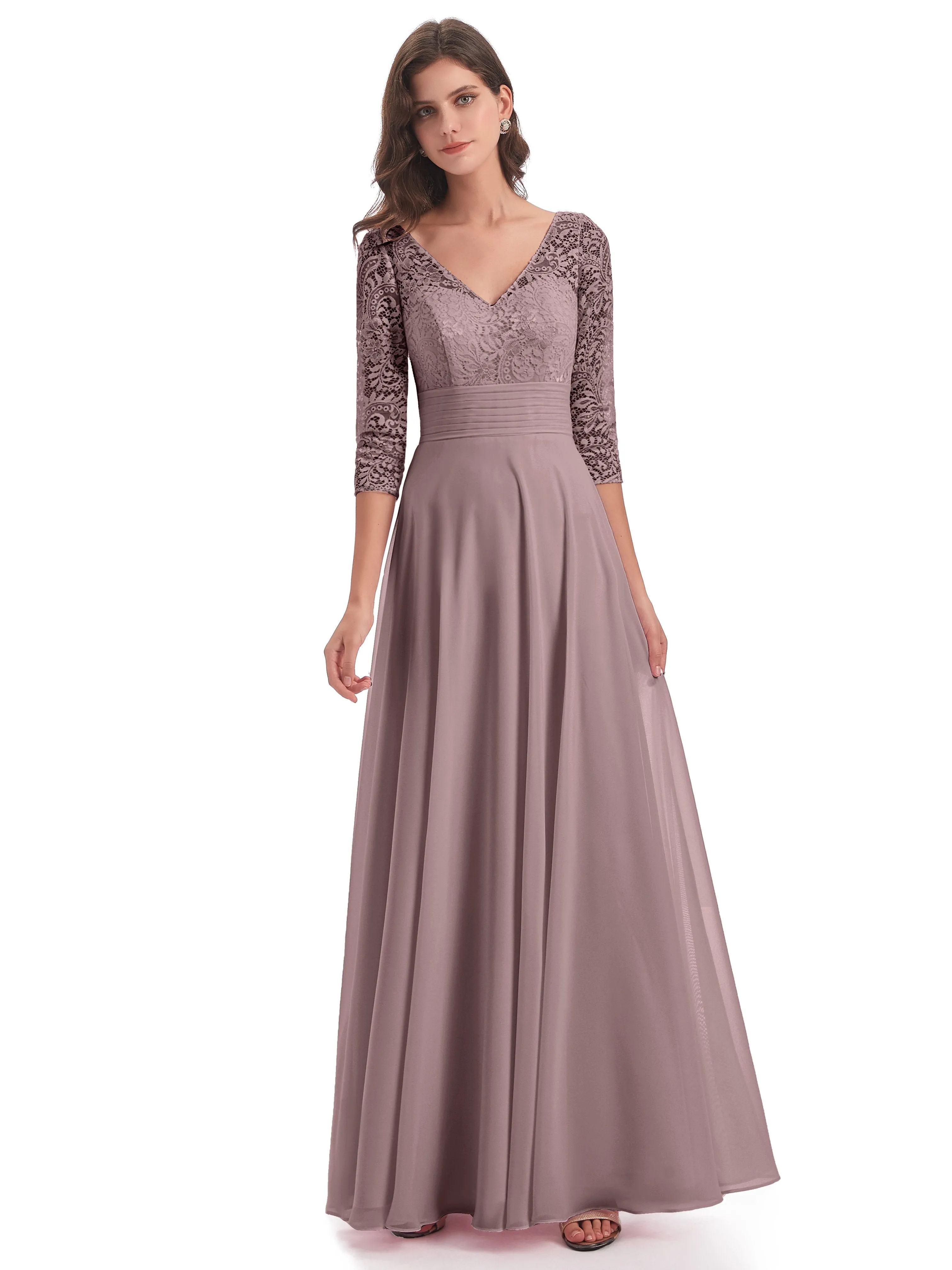 Maya Charming 3/4 Length Sleeves Long Chiffon Bridesmaid Dresses With Lace