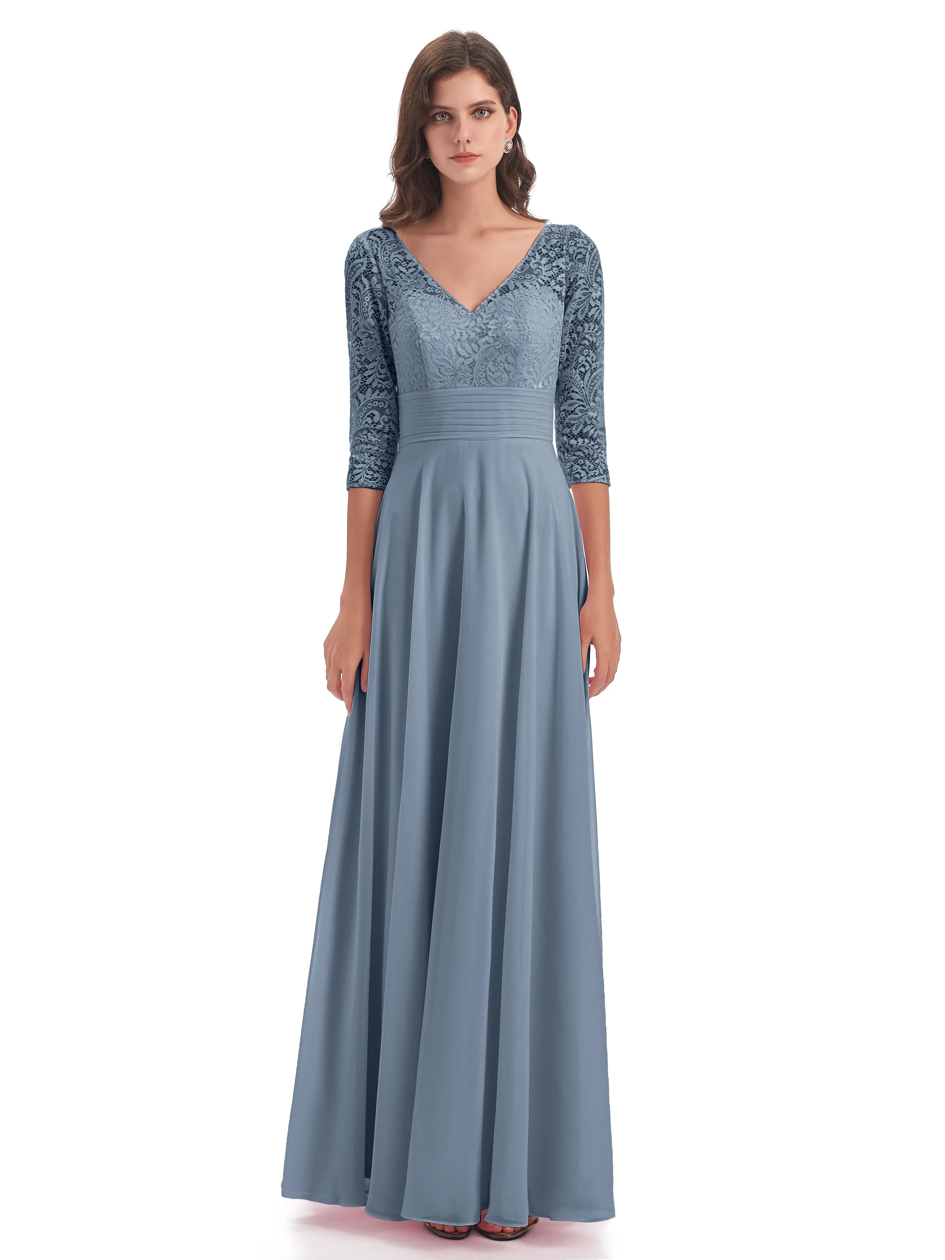 Maya Charming 3/4 Length Sleeves Long Chiffon Bridesmaid Dresses With Lace