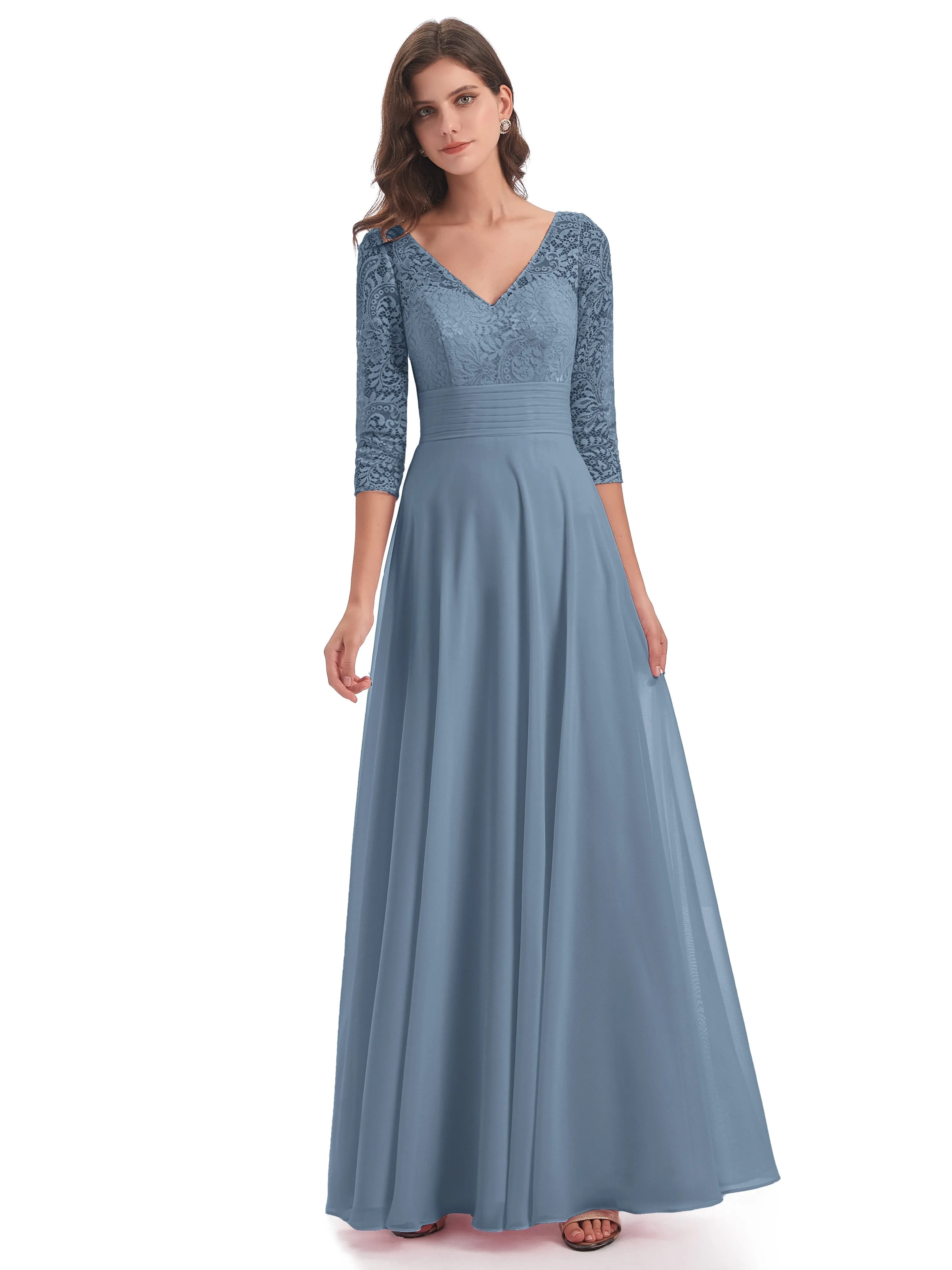 Maya Charming 3/4 Length Sleeves Long Chiffon Bridesmaid Dresses With Lace