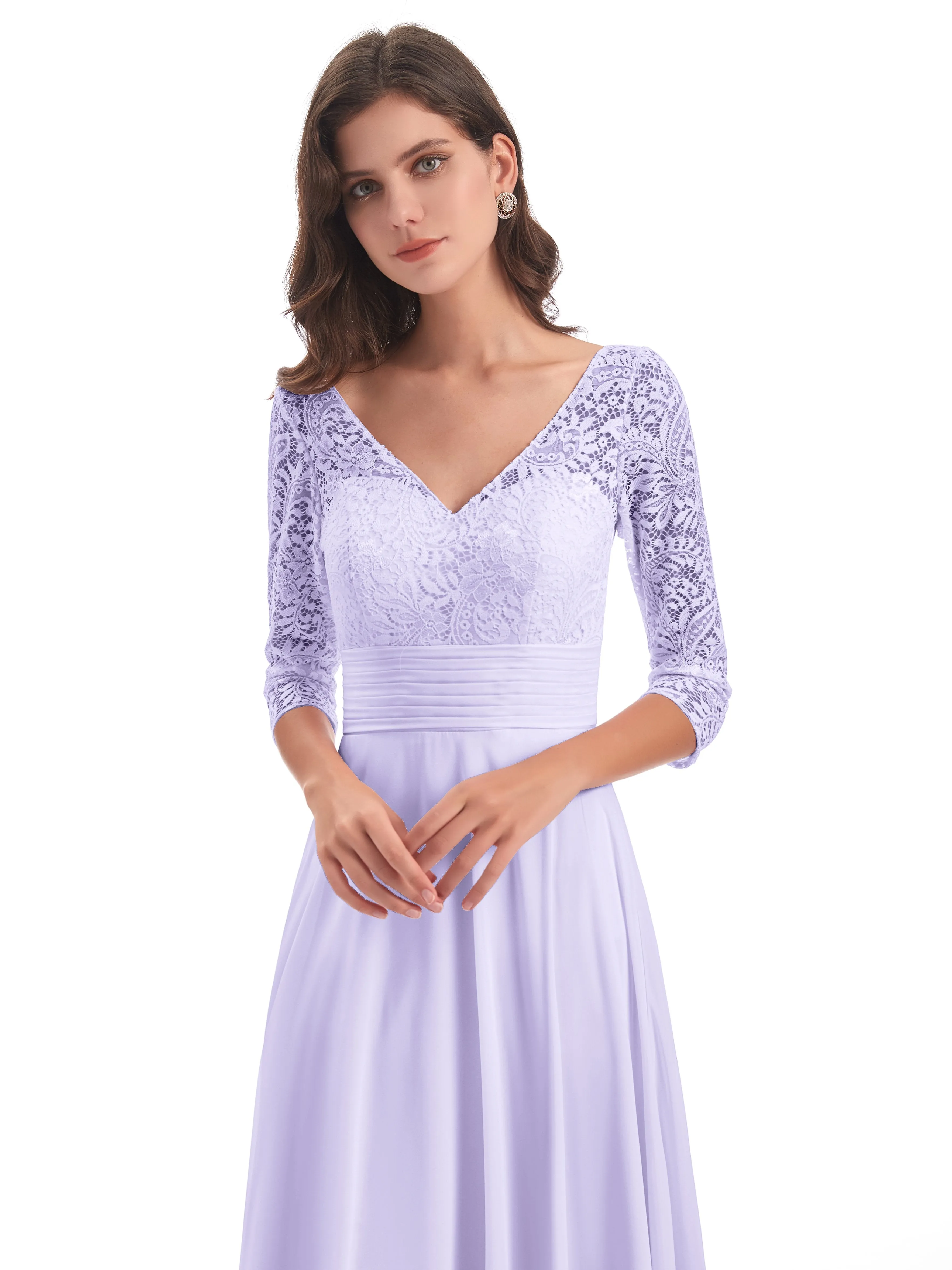 Maya Charming 3/4 Length Sleeves Long Chiffon Bridesmaid Dresses With Lace