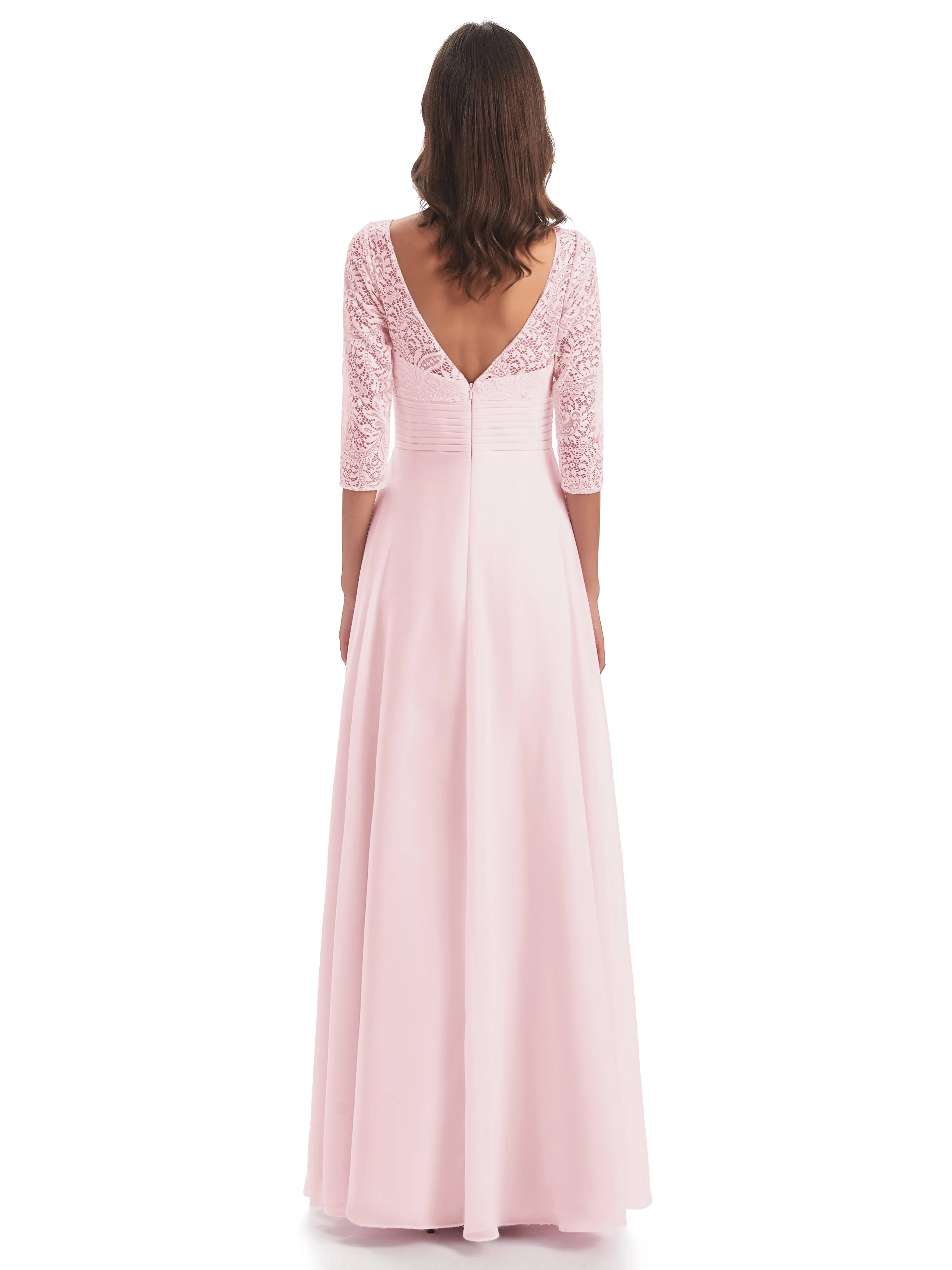 Maya Charming 3/4 Length Sleeves Long Chiffon Bridesmaid Dresses With Lace