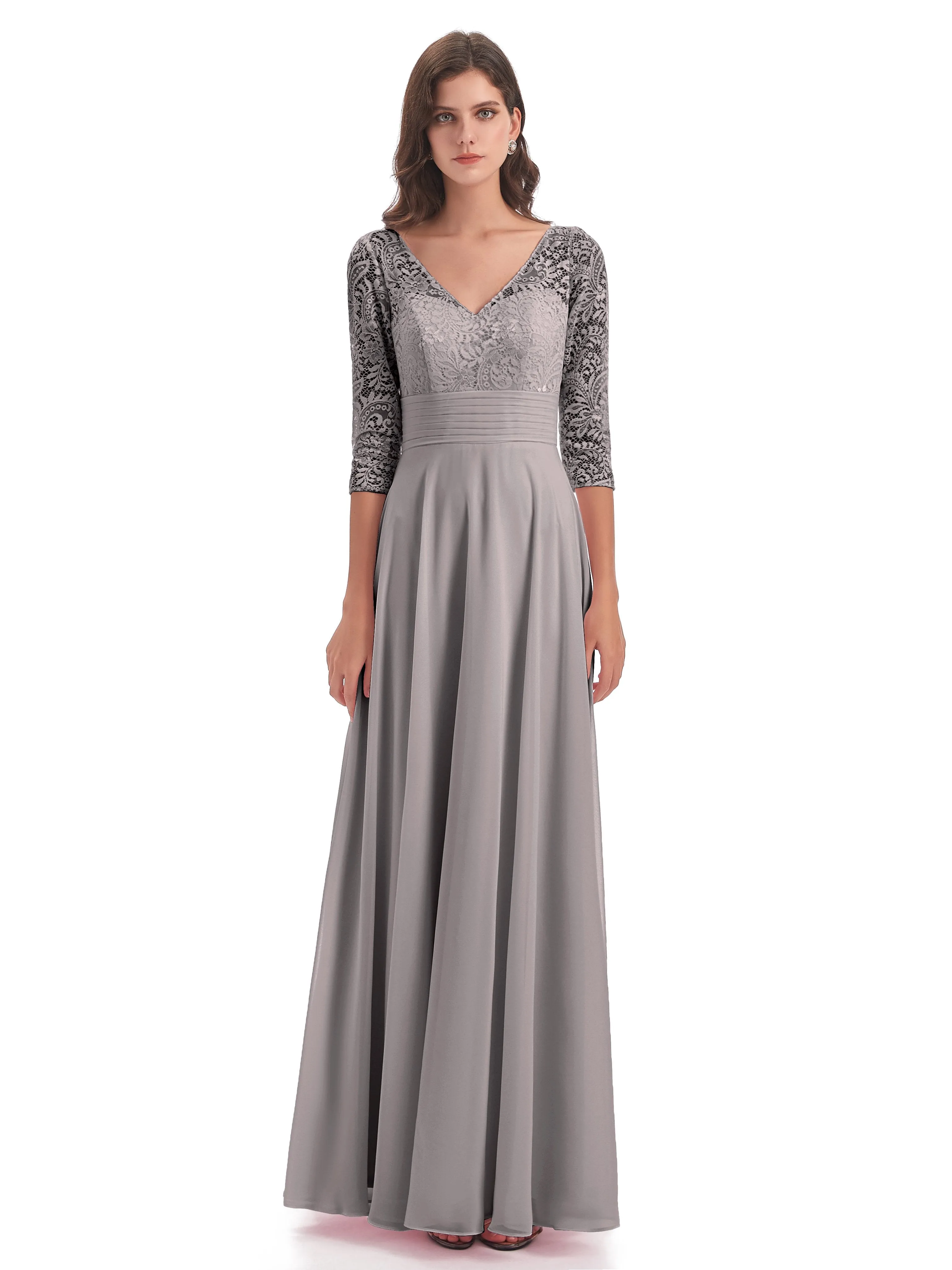 Maya Charming 3/4 Length Sleeves Long Chiffon Bridesmaid Dresses With Lace