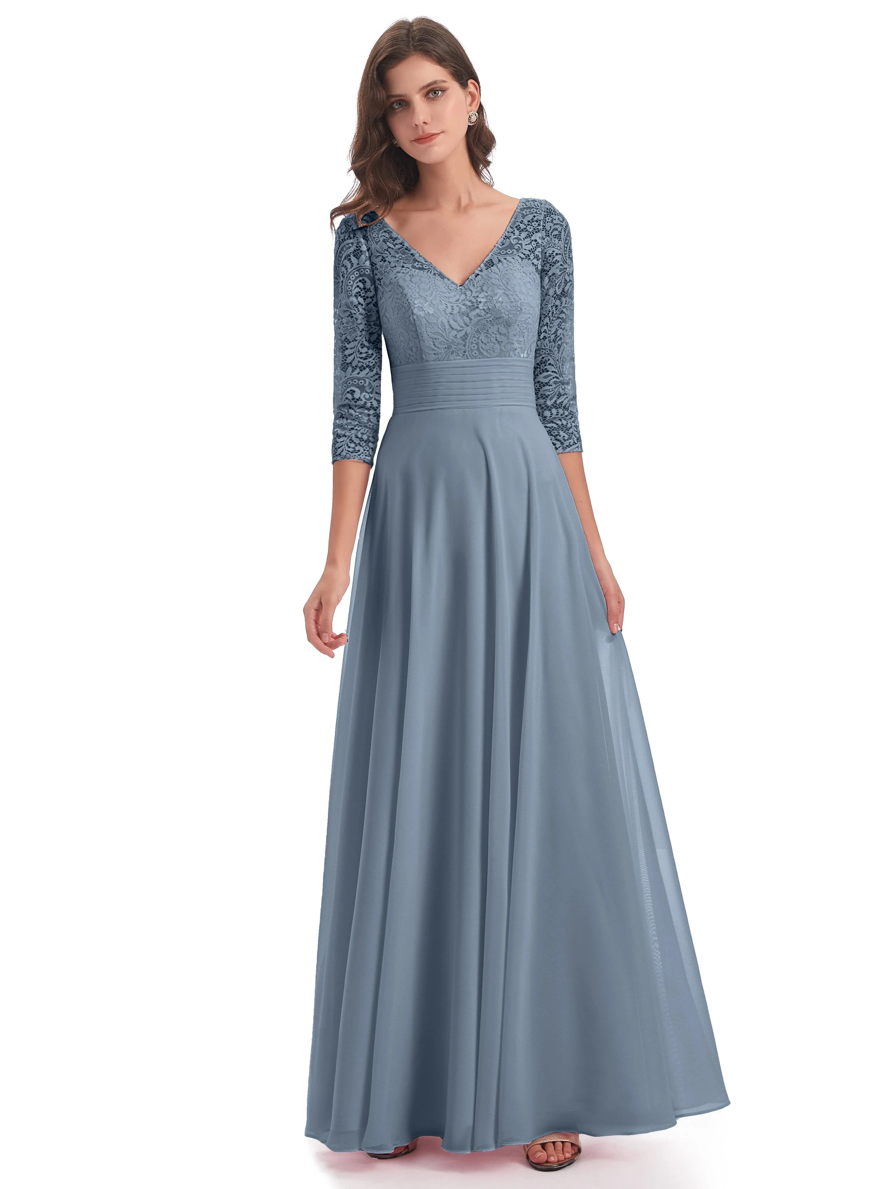 Maya Charming 3/4 Length Sleeves Long Chiffon Bridesmaid Dresses With Lace