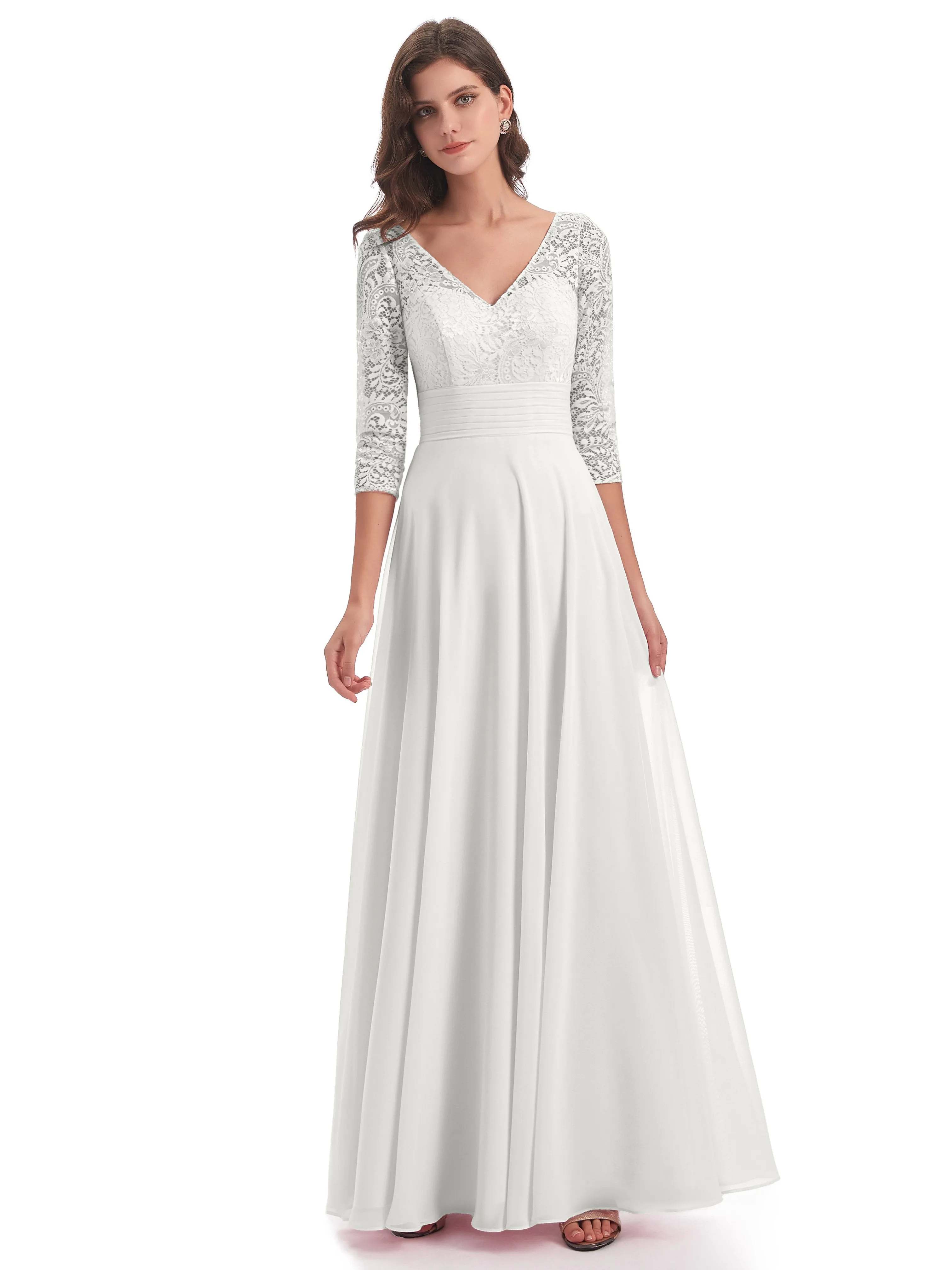 Maya Charming 3/4 Length Sleeves Long Chiffon Bridesmaid Dresses With Lace