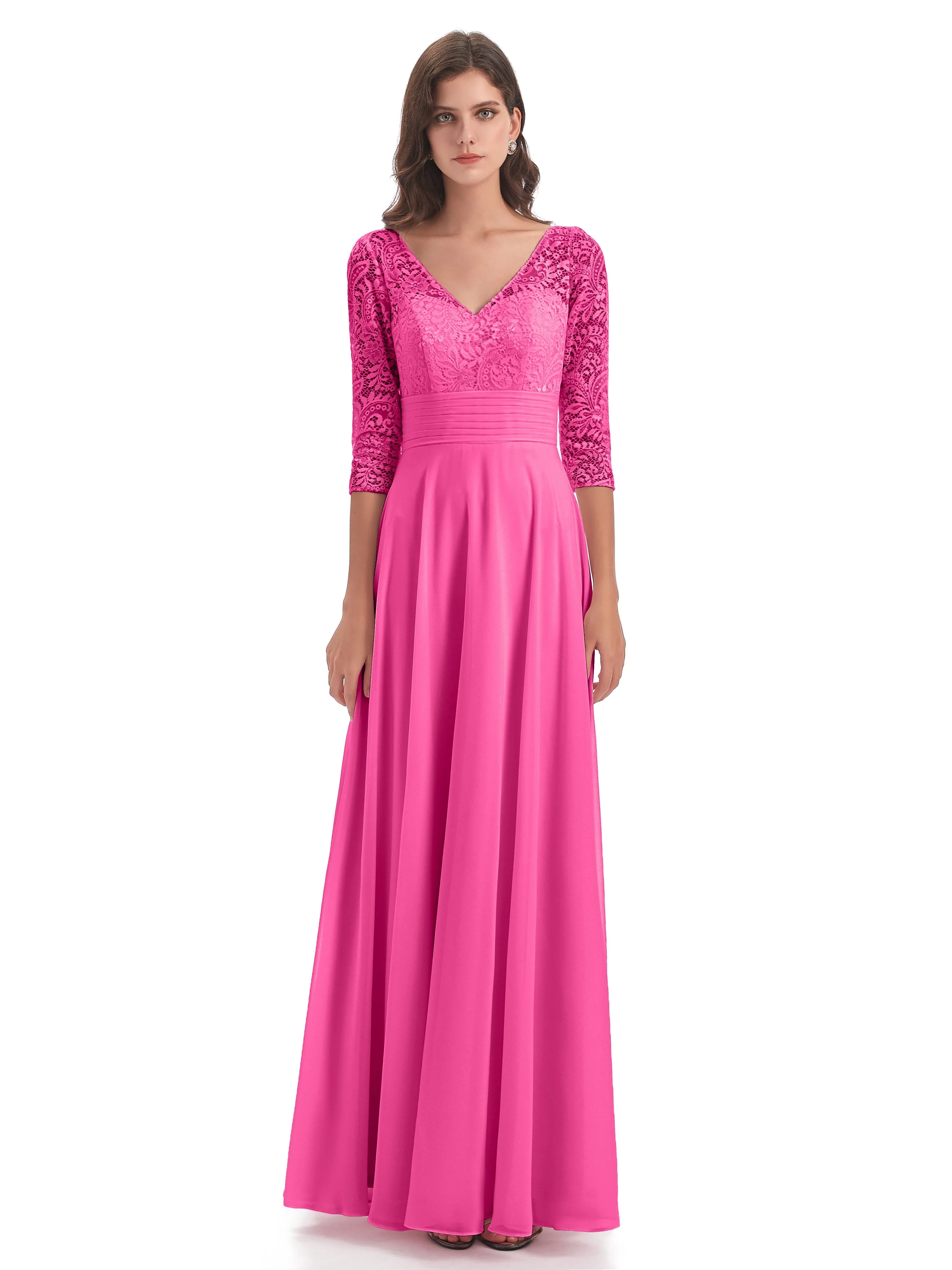 Maya Charming 3/4 Length Sleeves Long Chiffon Bridesmaid Dresses With Lace