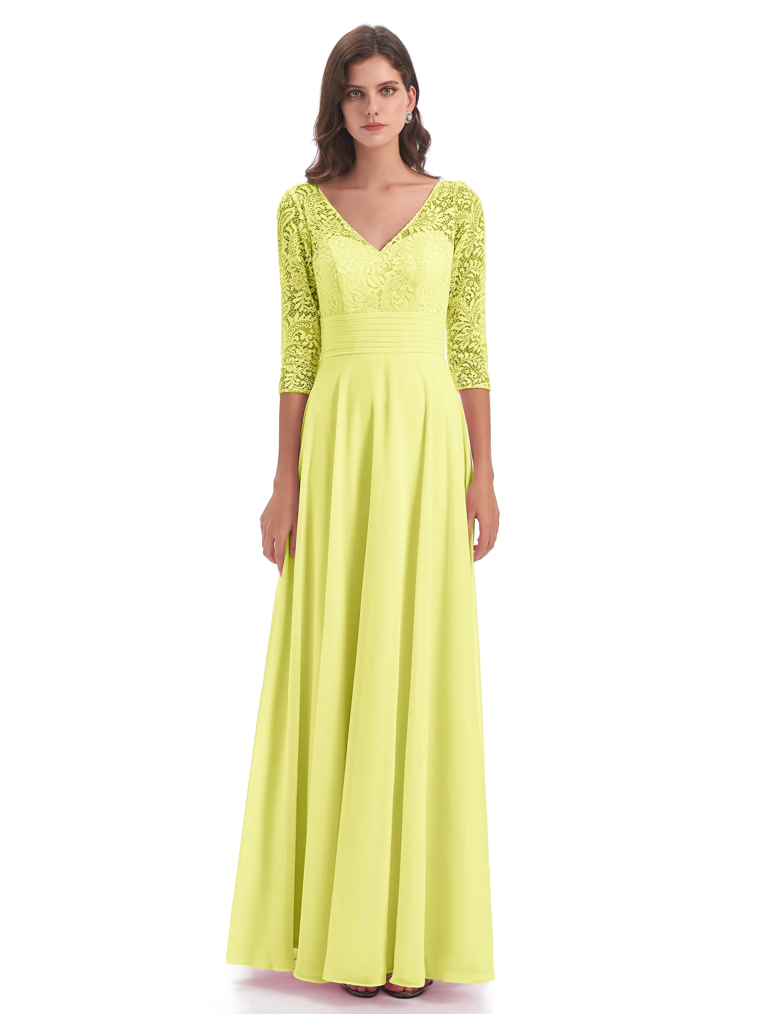 Maya Charming 3/4 Length Sleeves Long Chiffon Bridesmaid Dresses With Lace