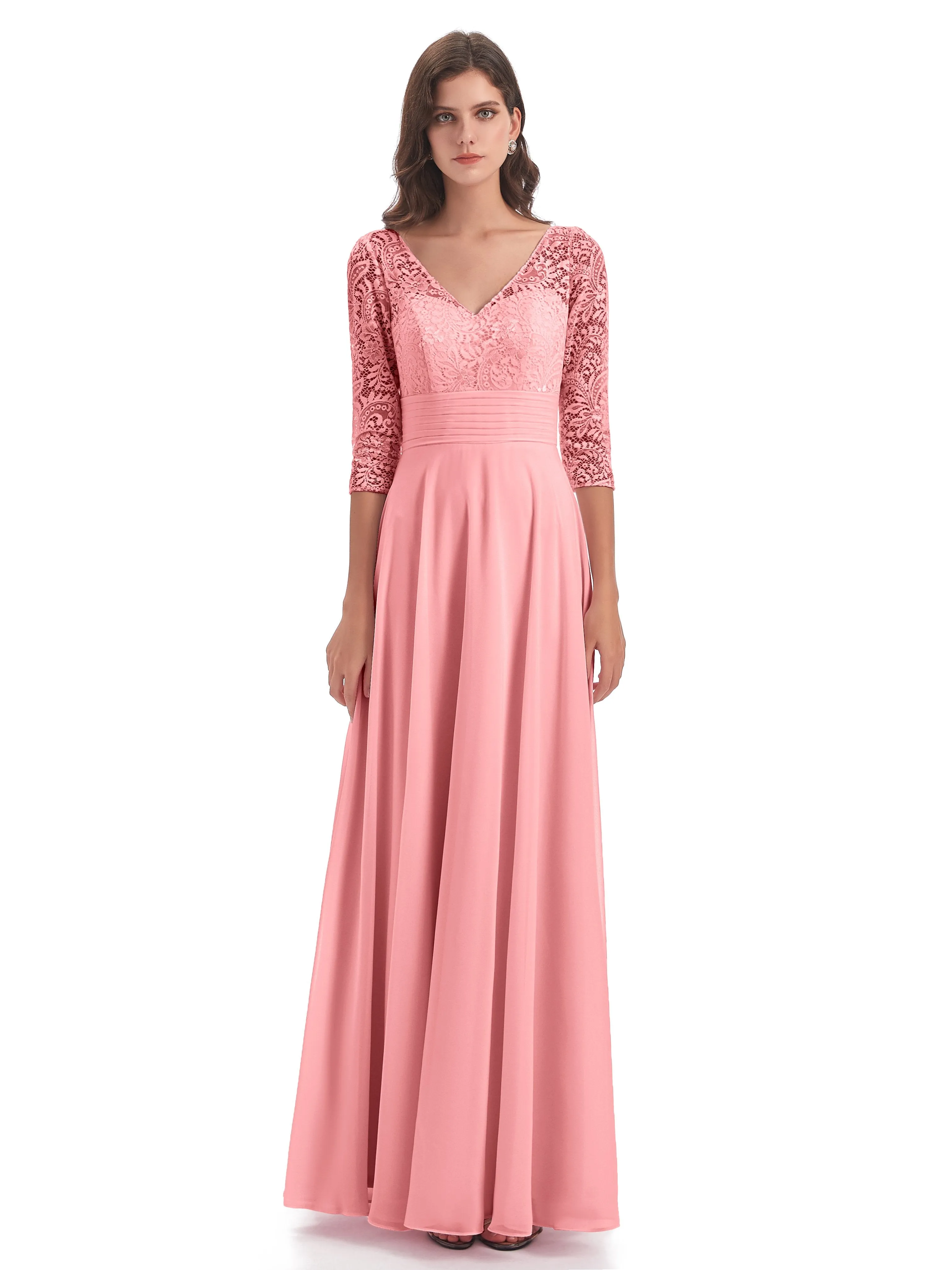 Maya Charming 3/4 Length Sleeves Long Chiffon Bridesmaid Dresses With Lace