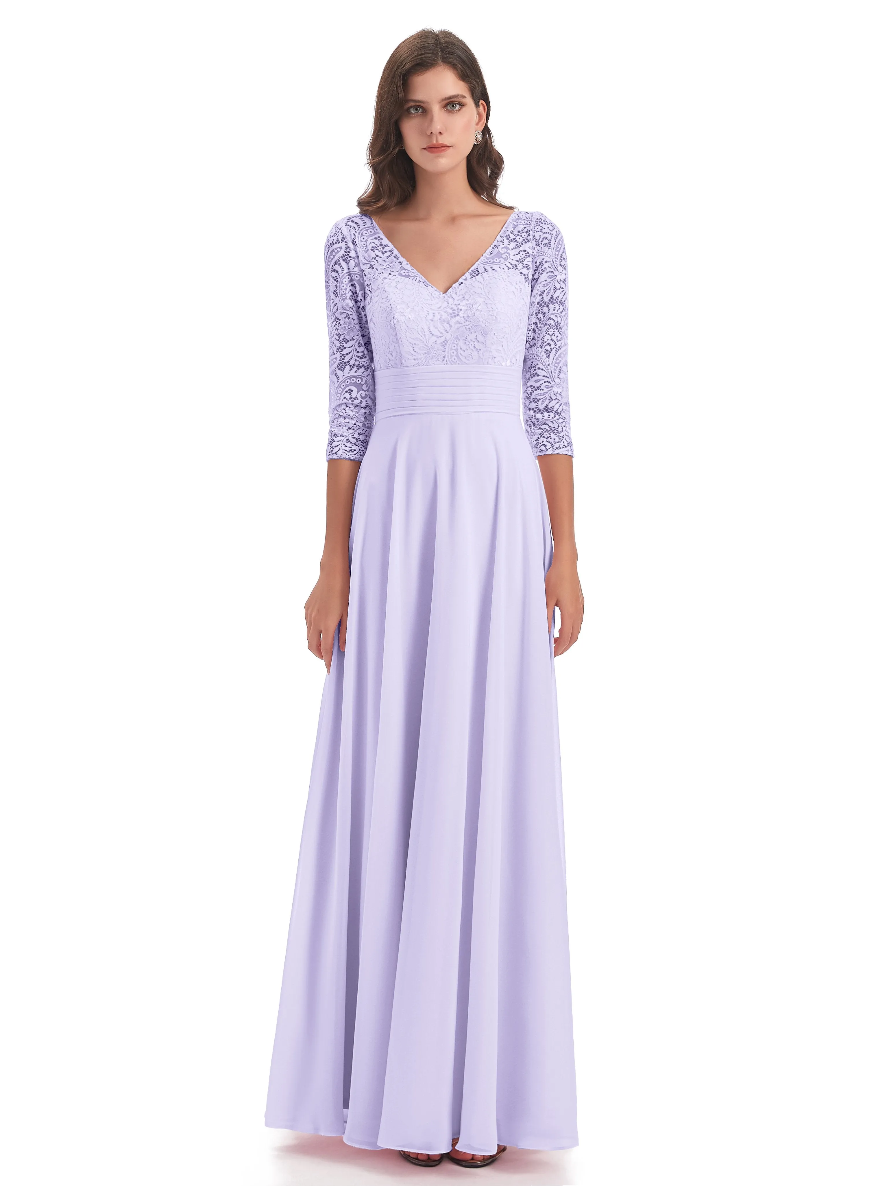 Maya Charming 3/4 Length Sleeves Long Chiffon Bridesmaid Dresses With Lace