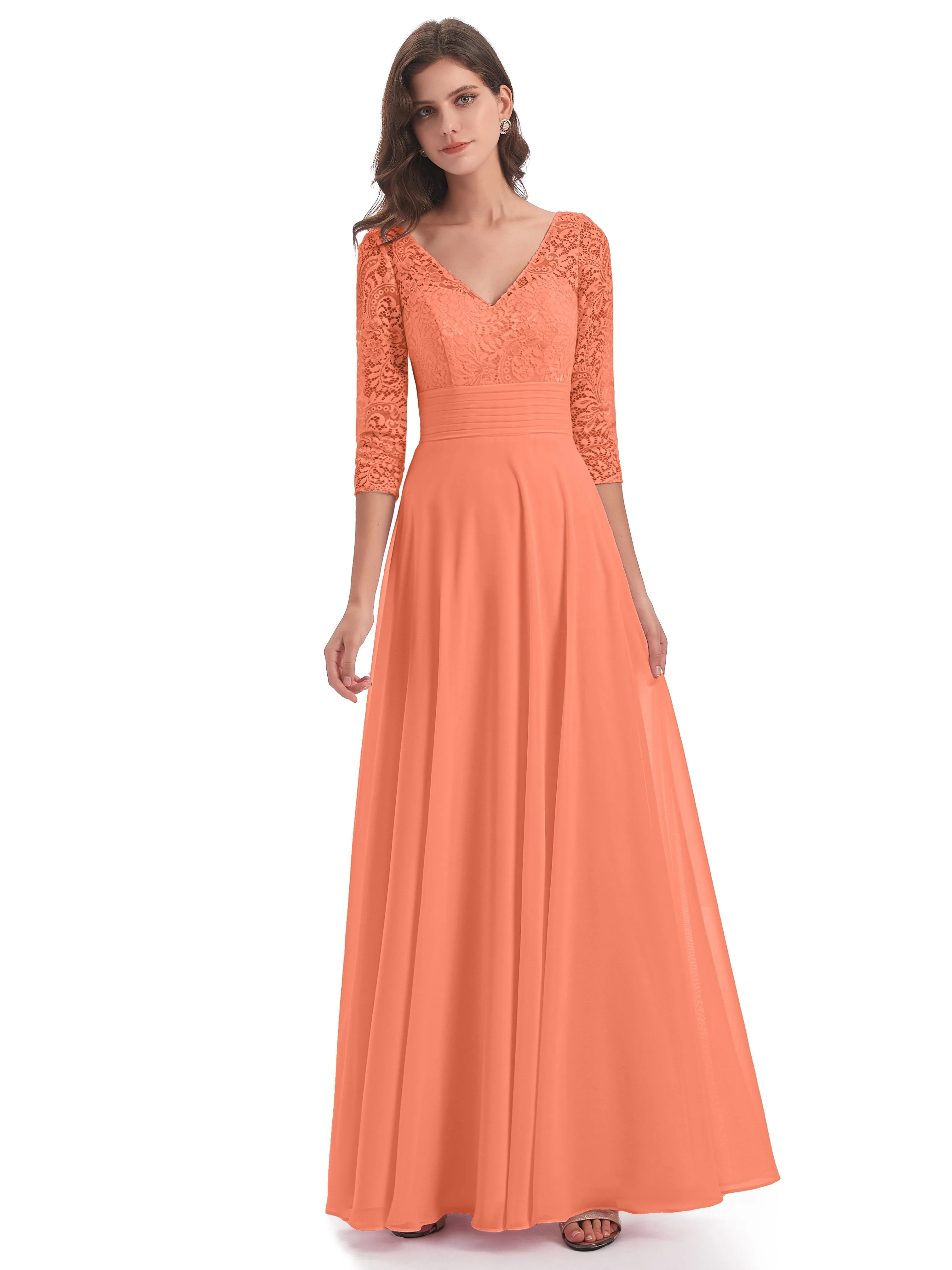 Maya Charming 3/4 Length Sleeves Long Chiffon Bridesmaid Dresses With Lace