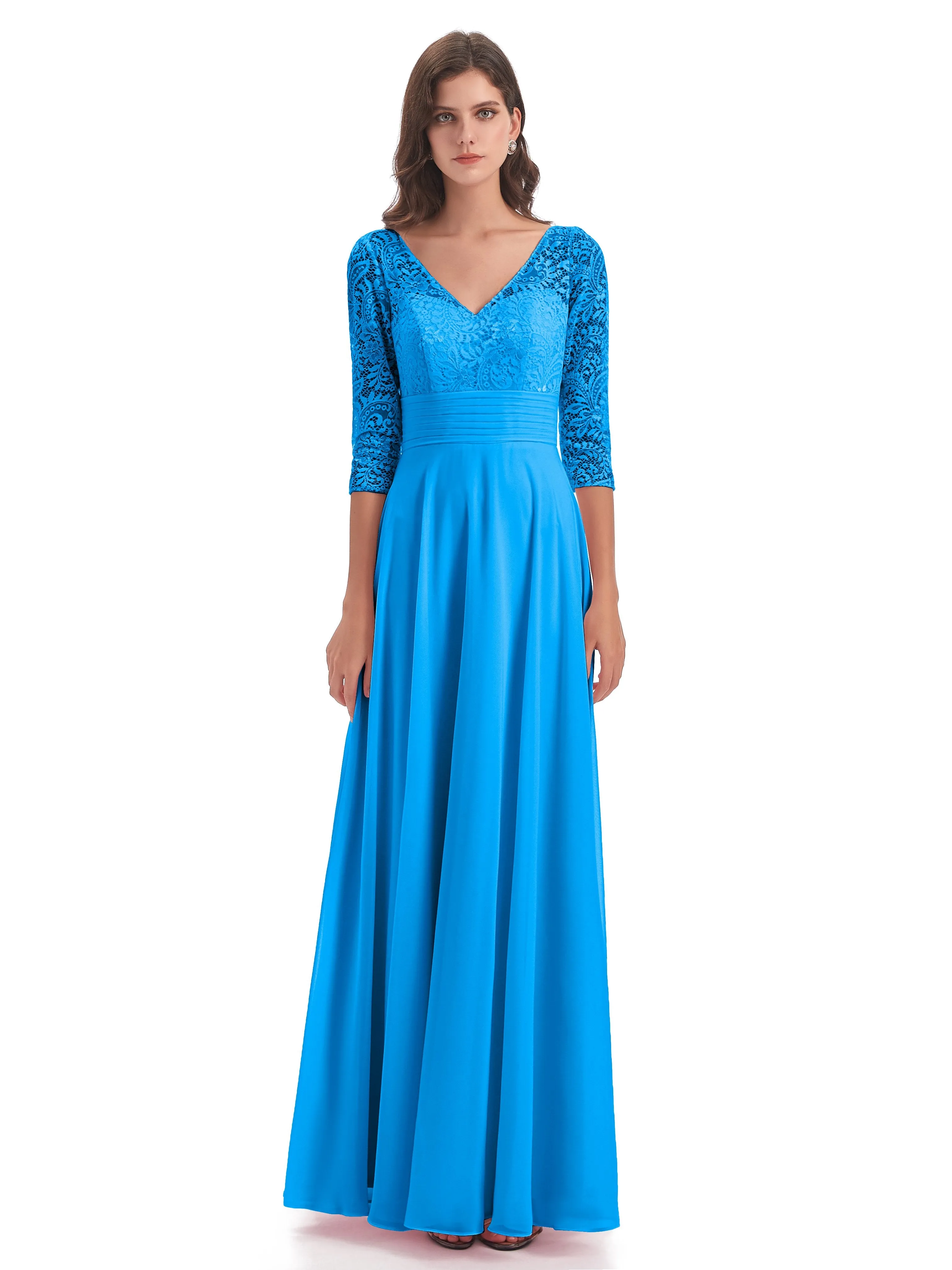 Maya Charming 3/4 Length Sleeves Long Chiffon Bridesmaid Dresses With Lace