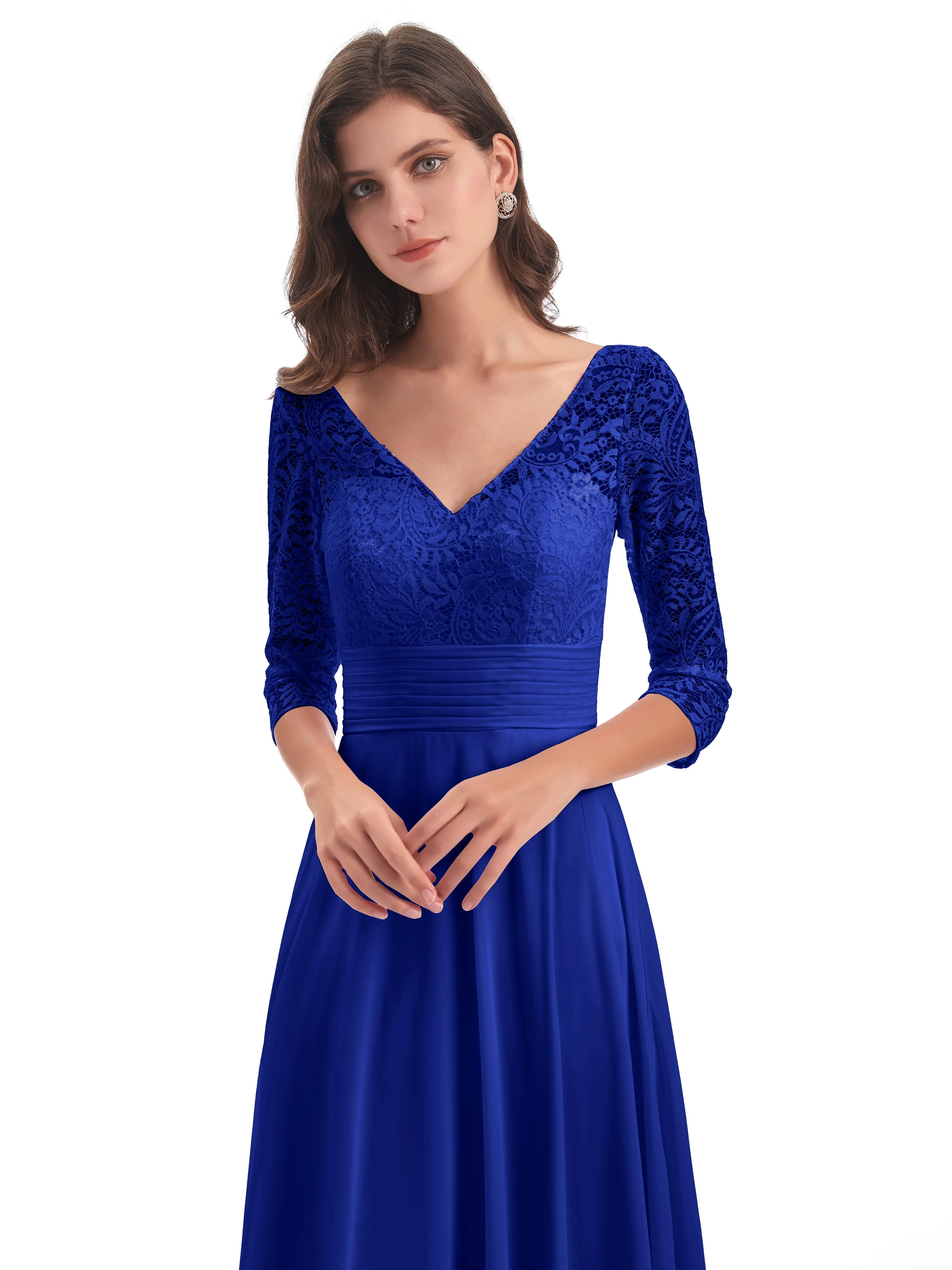 Maya Charming 3/4 Length Sleeves Long Chiffon Bridesmaid Dresses With Lace