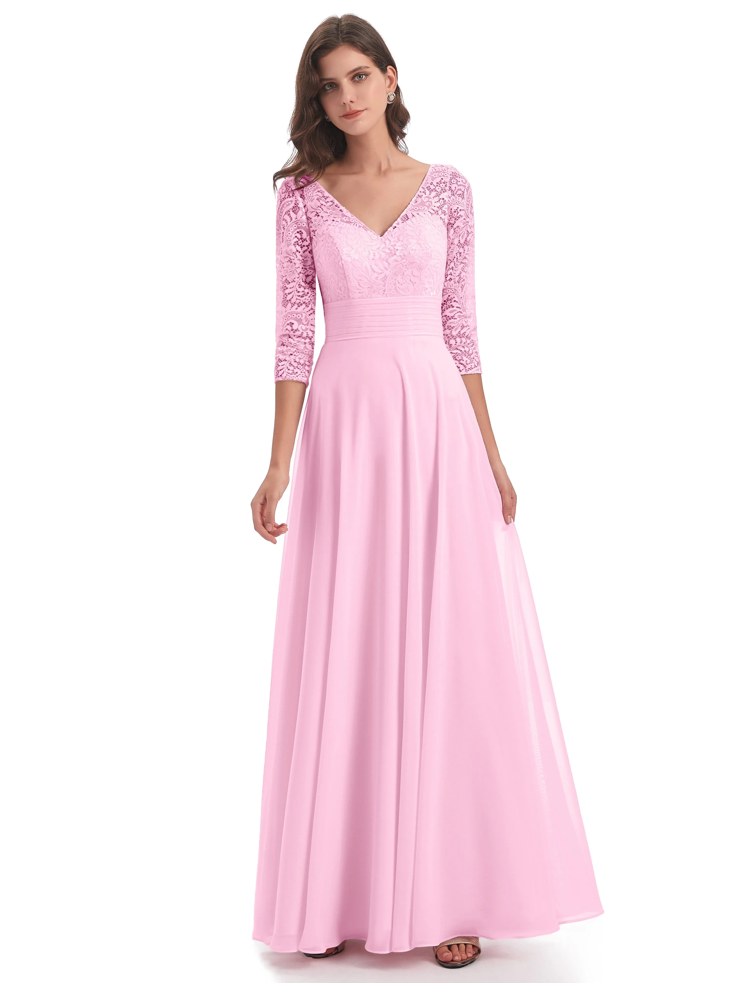 Maya Charming 3/4 Length Sleeves Long Chiffon Bridesmaid Dresses With Lace