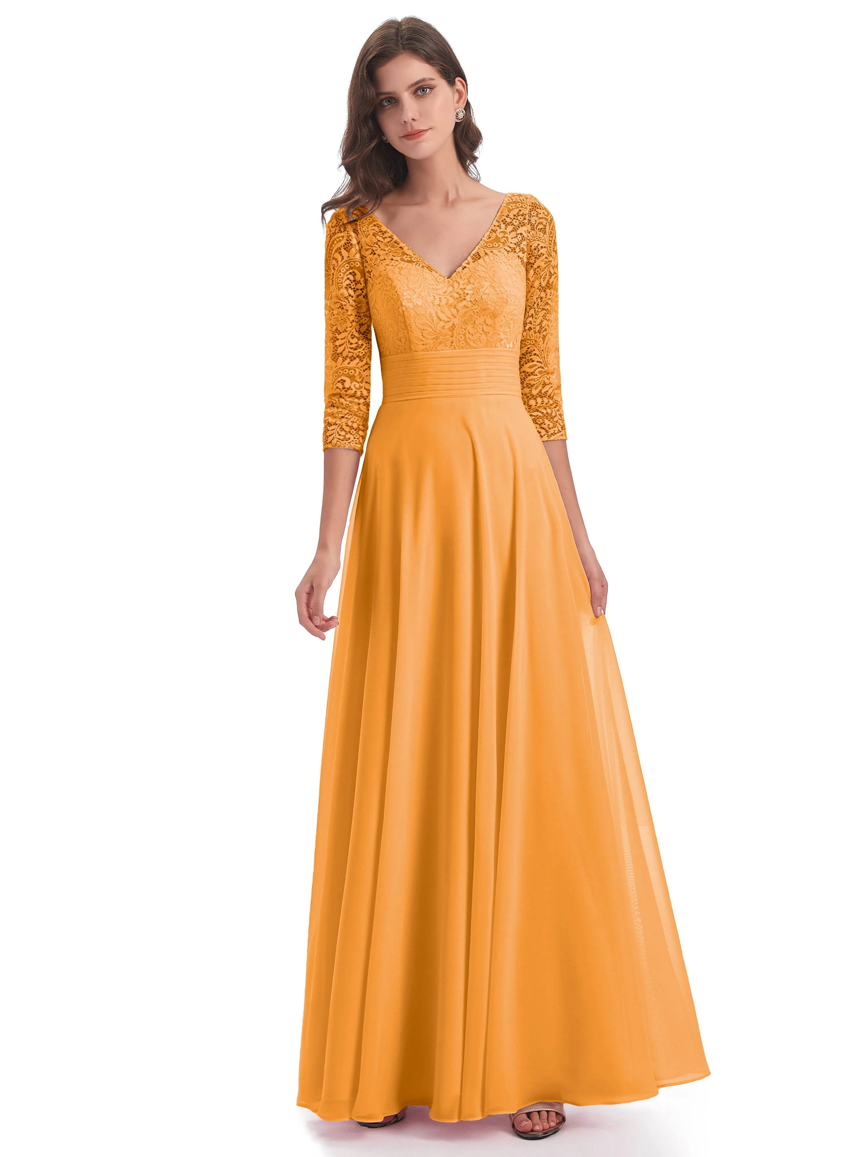 Maya Charming 3/4 Length Sleeves Long Chiffon Bridesmaid Dresses With Lace