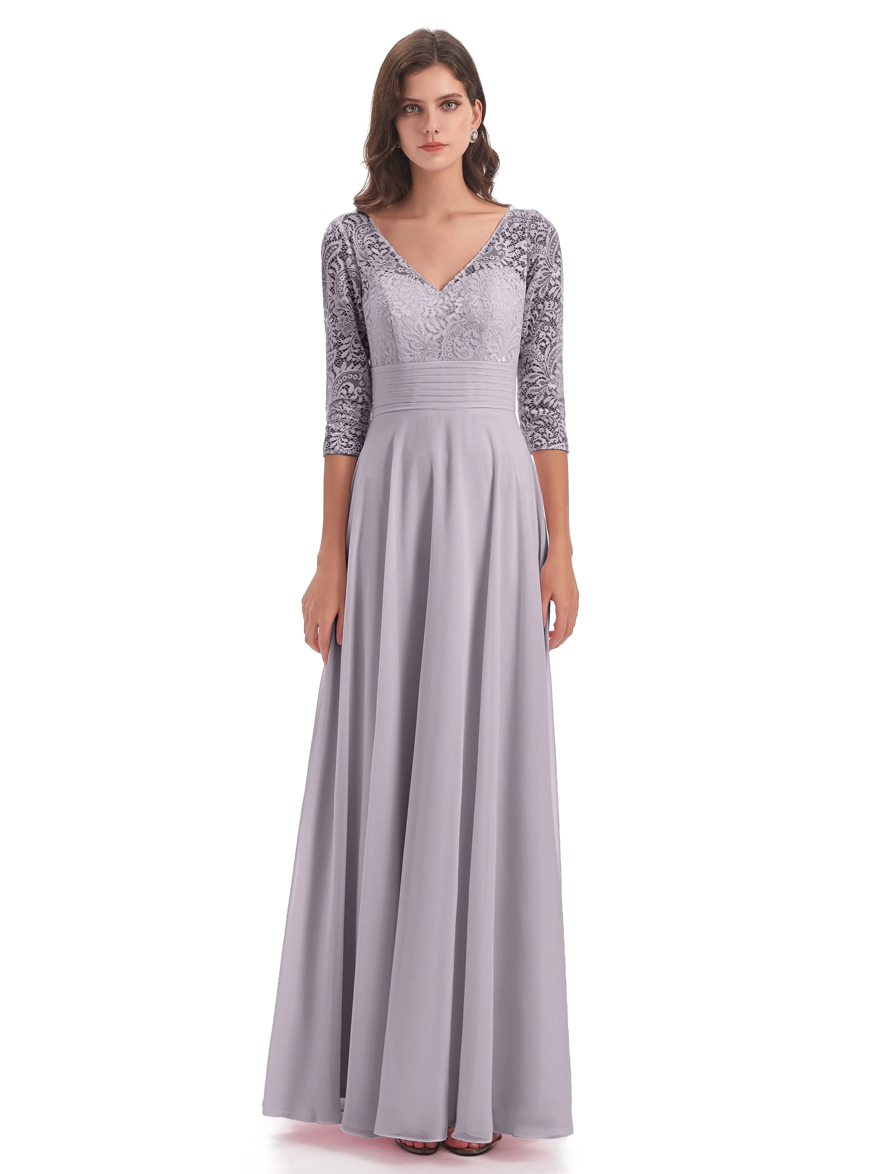 Maya Charming 3/4 Length Sleeves Long Chiffon Bridesmaid Dresses With Lace