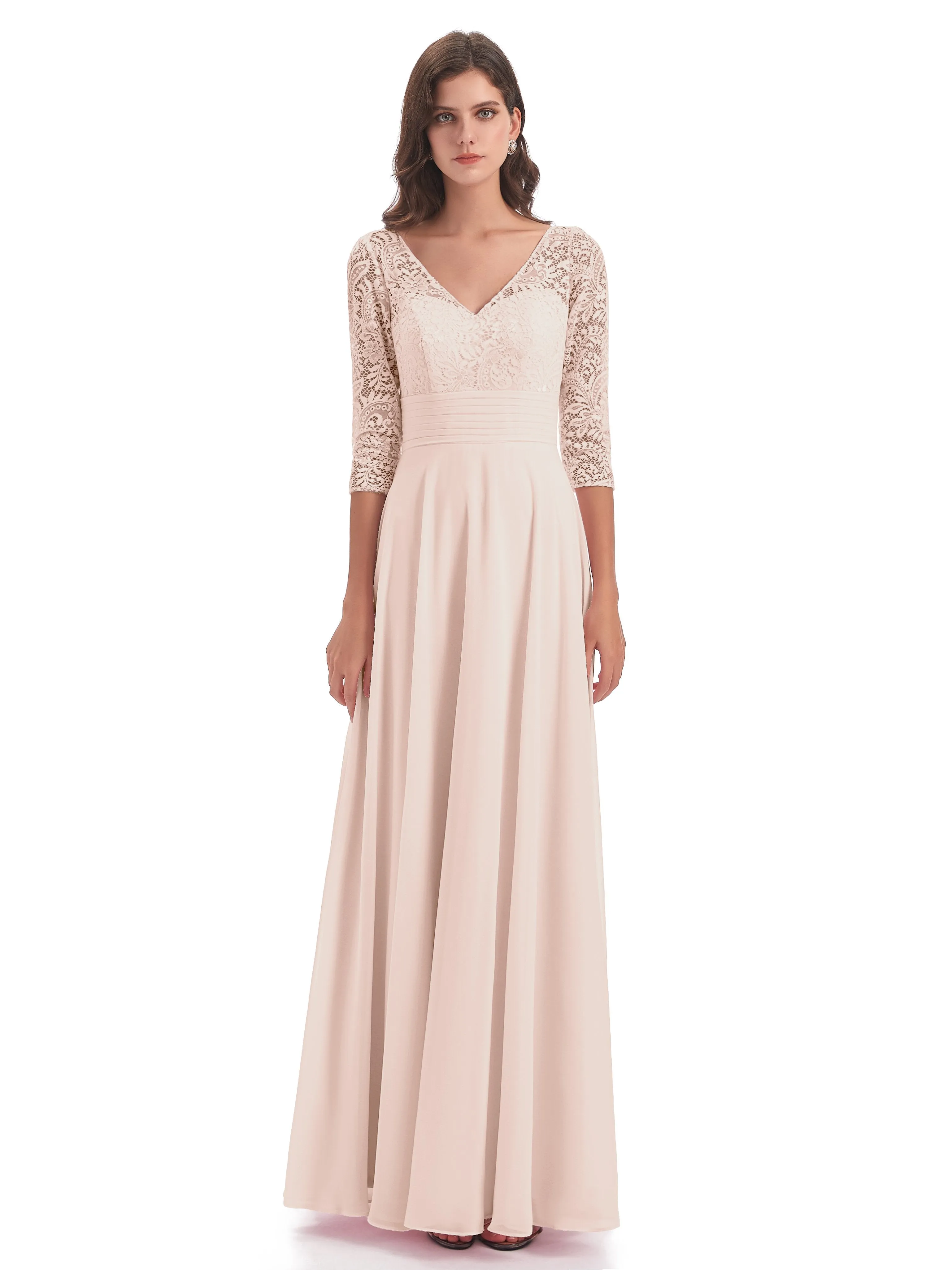 Maya Charming 3/4 Length Sleeves Long Chiffon Bridesmaid Dresses With Lace