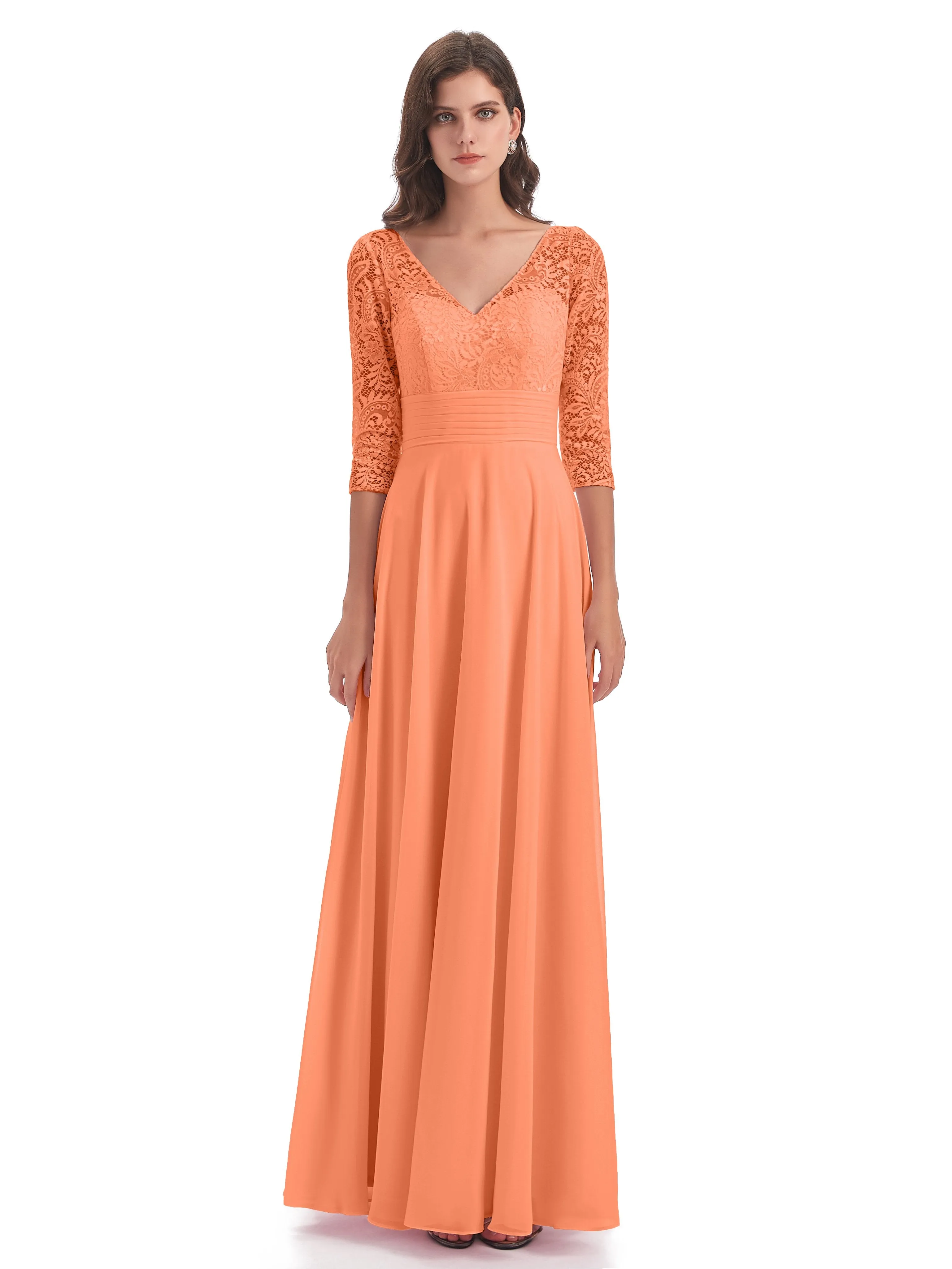 Maya Charming 3/4 Length Sleeves Long Chiffon Bridesmaid Dresses With Lace