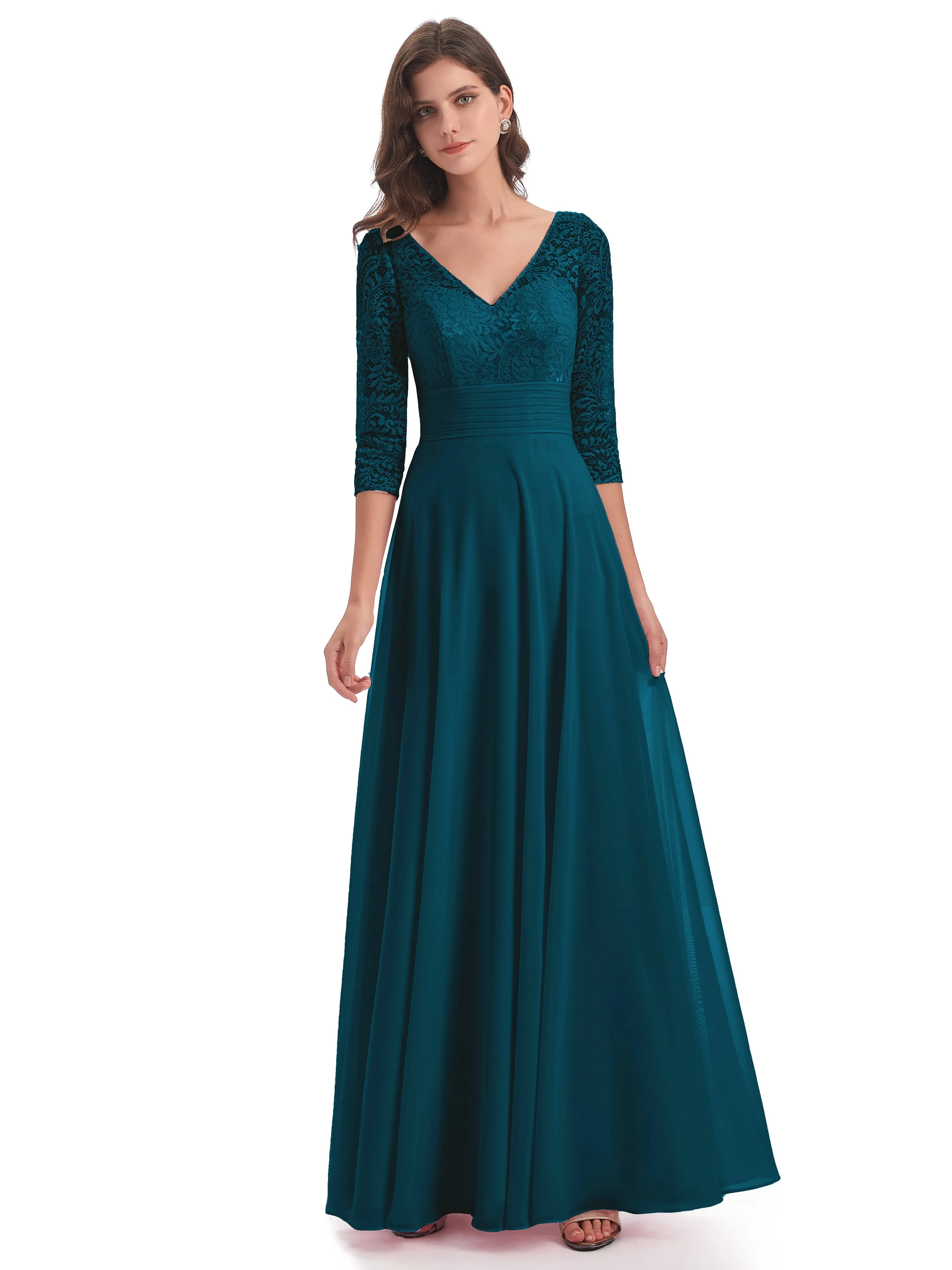 Maya Charming 3/4 Length Sleeves Long Chiffon Bridesmaid Dresses With Lace