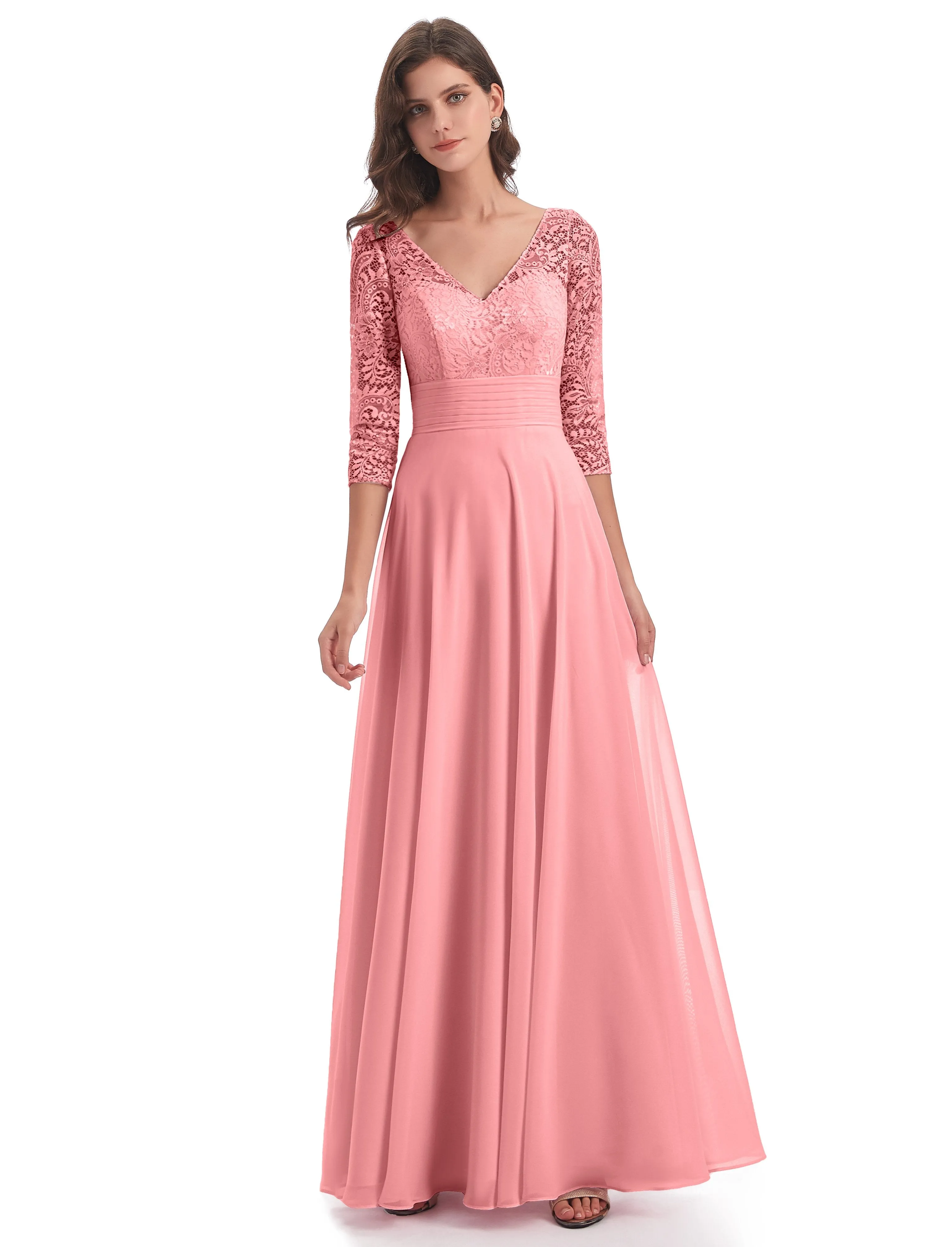 Maya Charming 3/4 Length Sleeves Long Chiffon Bridesmaid Dresses With Lace