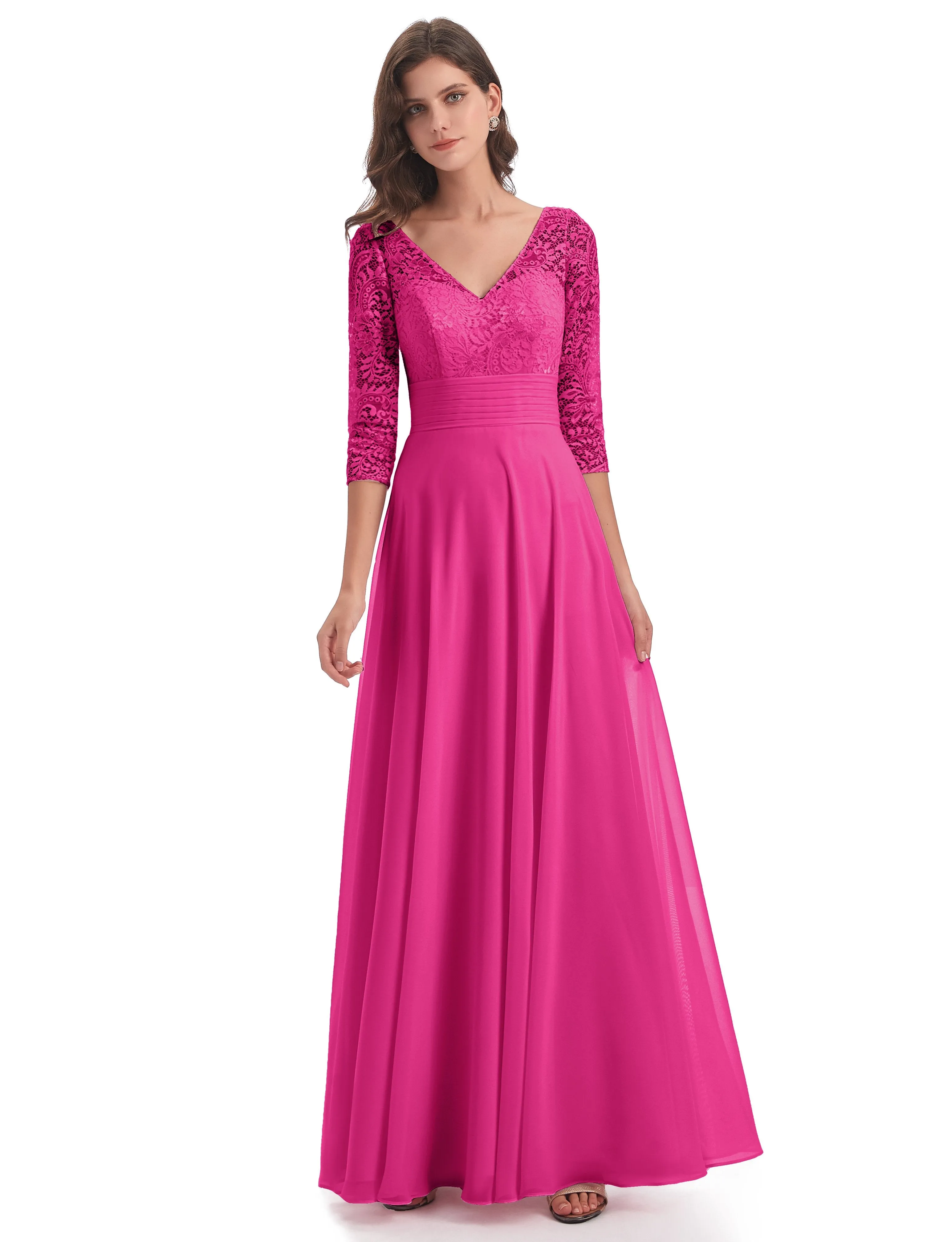 Maya Charming 3/4 Length Sleeves Long Chiffon Bridesmaid Dresses With Lace