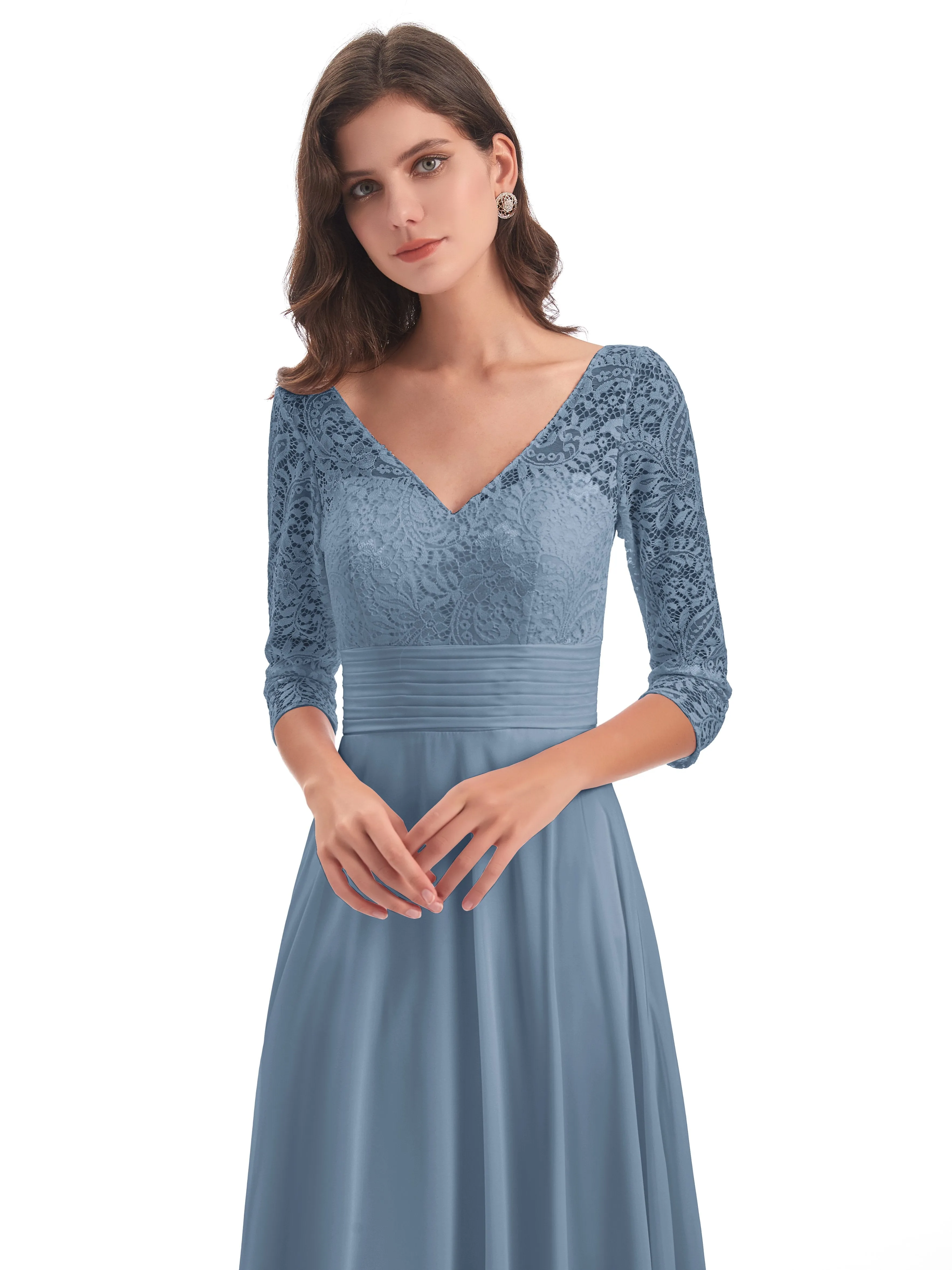 Maya Charming 3/4 Length Sleeves Long Chiffon Bridesmaid Dresses With Lace