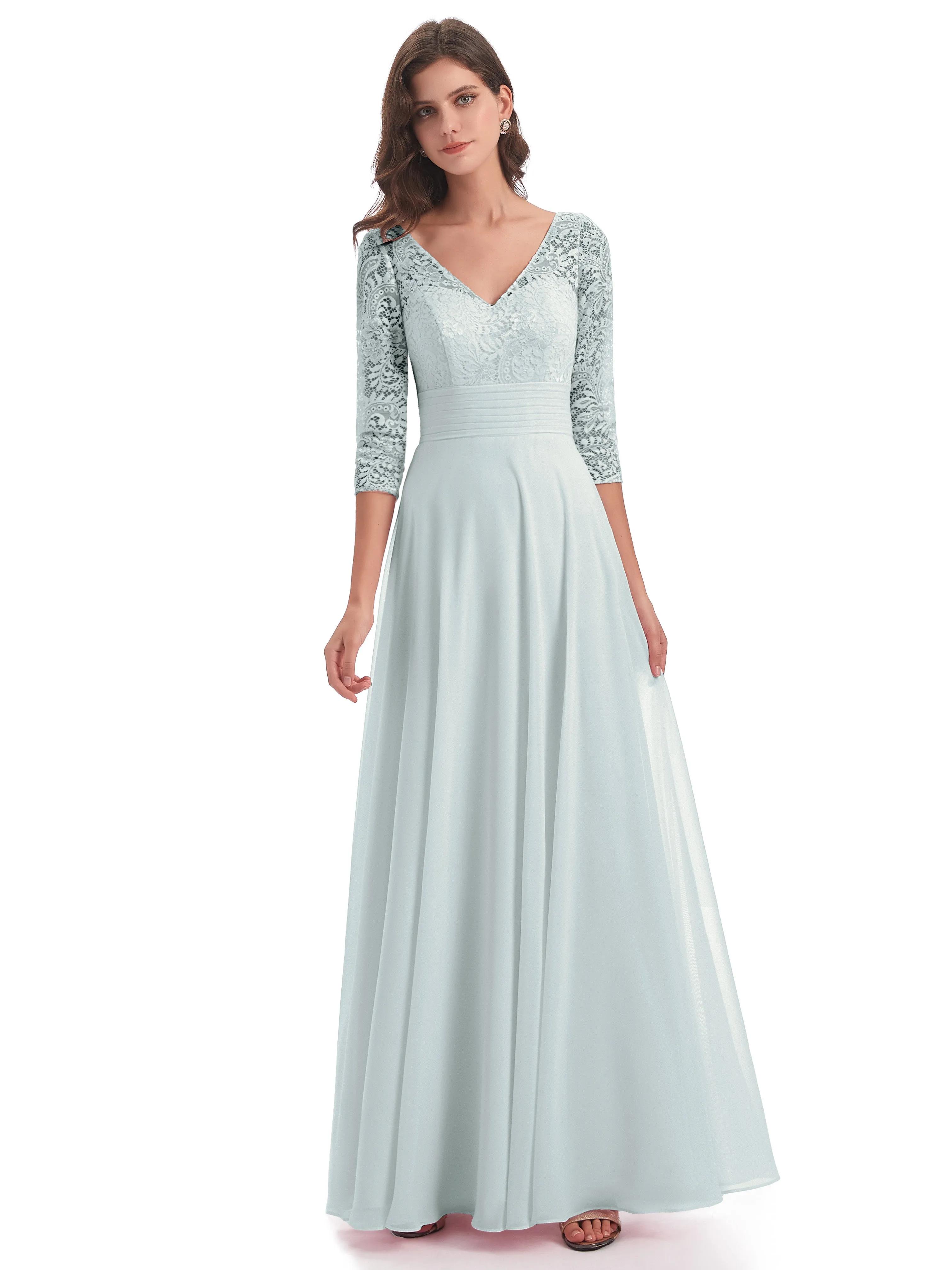 Maya Charming 3/4 Length Sleeves Long Chiffon Bridesmaid Dresses With Lace