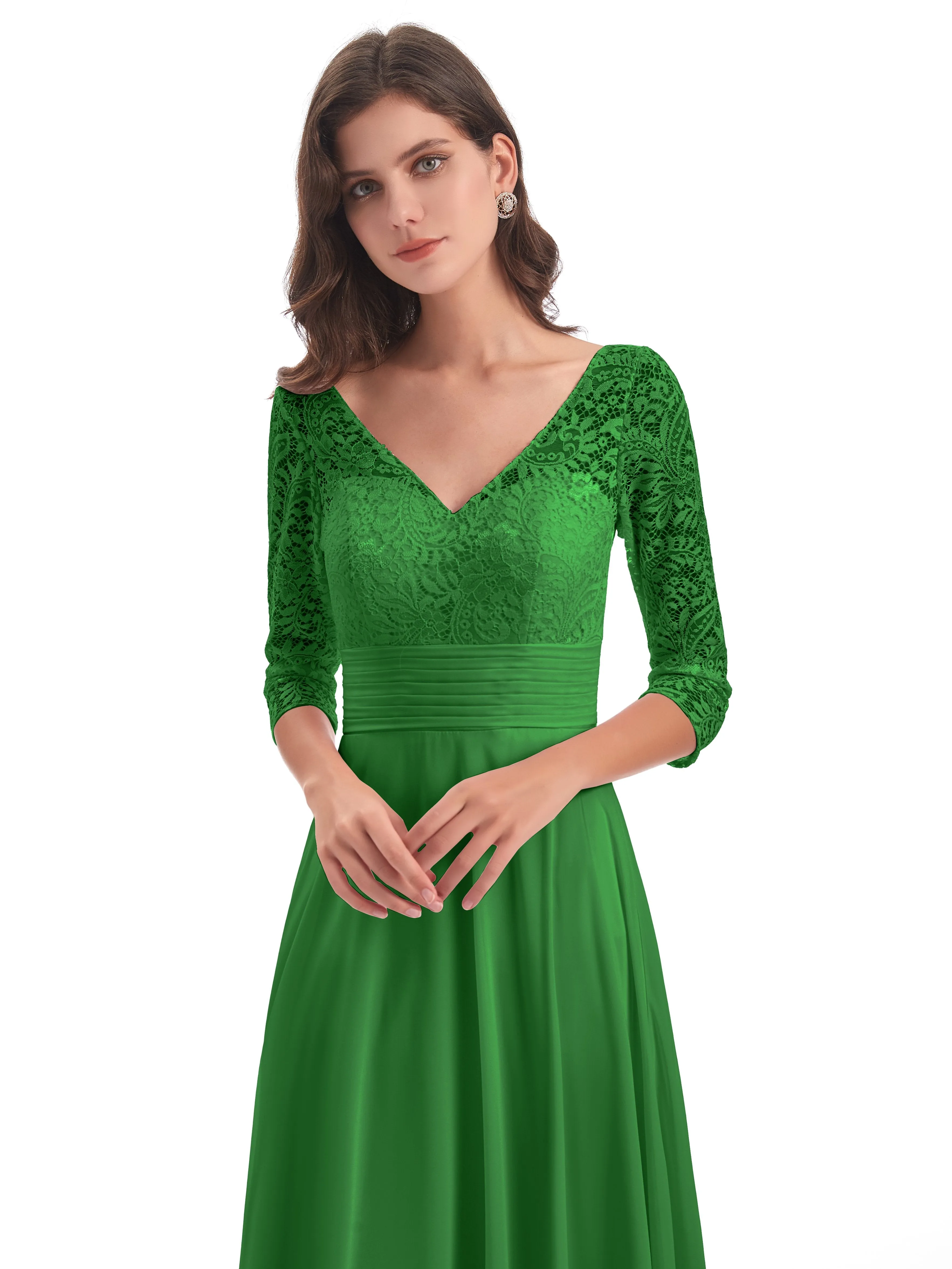 Maya Charming 3/4 Length Sleeves Long Chiffon Bridesmaid Dresses With Lace