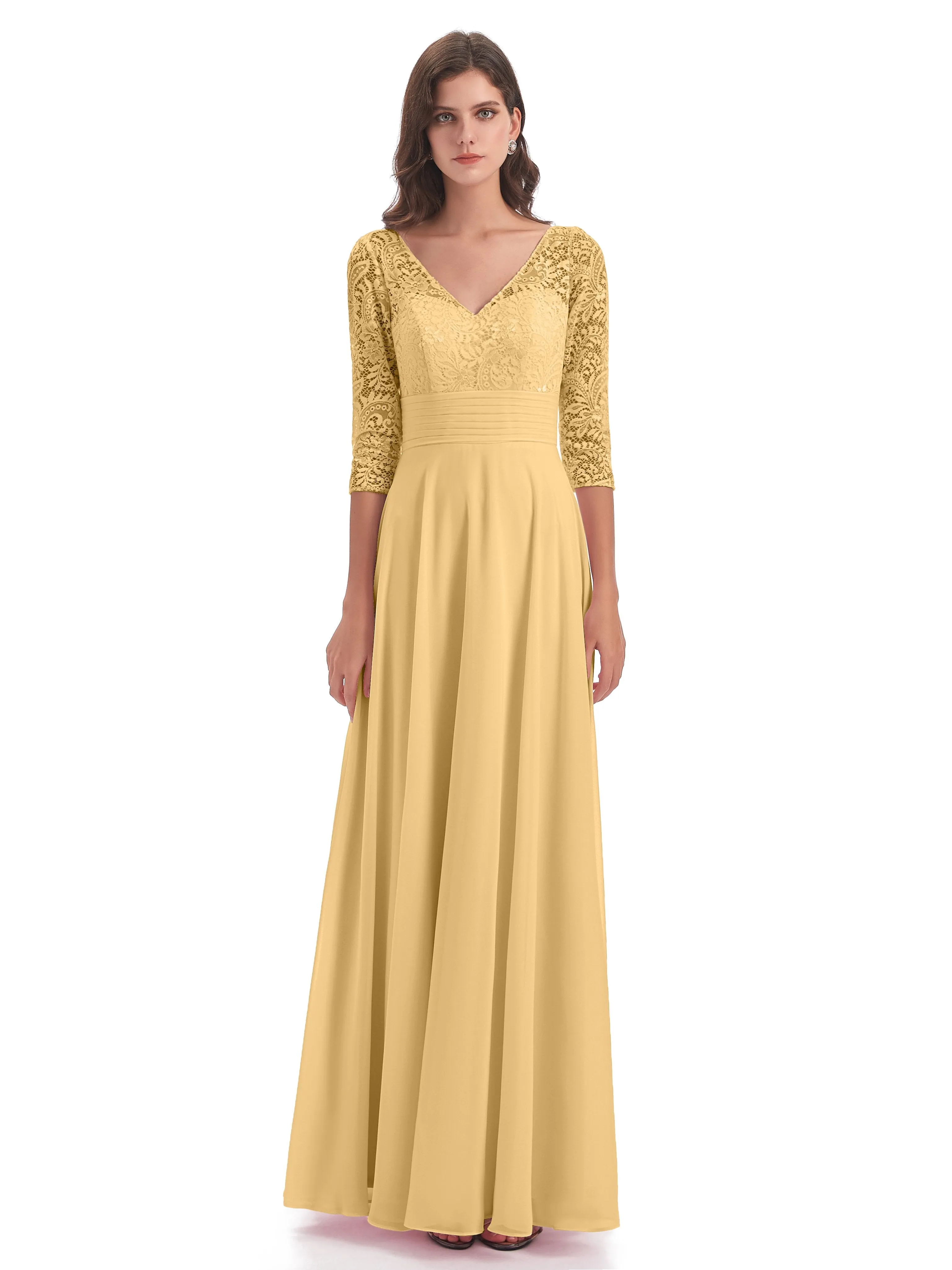 Maya Charming 3/4 Length Sleeves Long Chiffon Bridesmaid Dresses With Lace