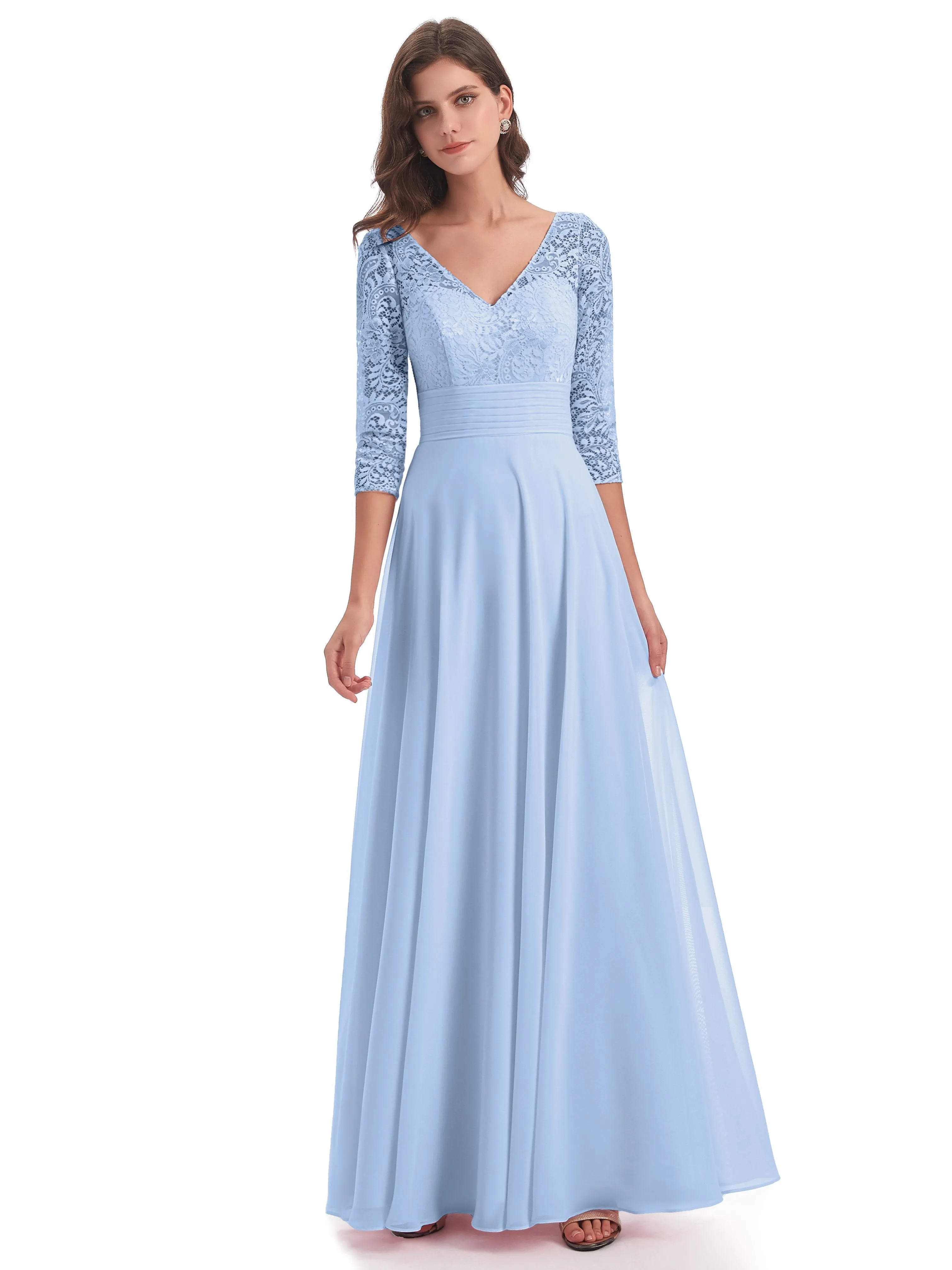 Maya Charming 3/4 Length Sleeves Long Chiffon Bridesmaid Dresses With Lace