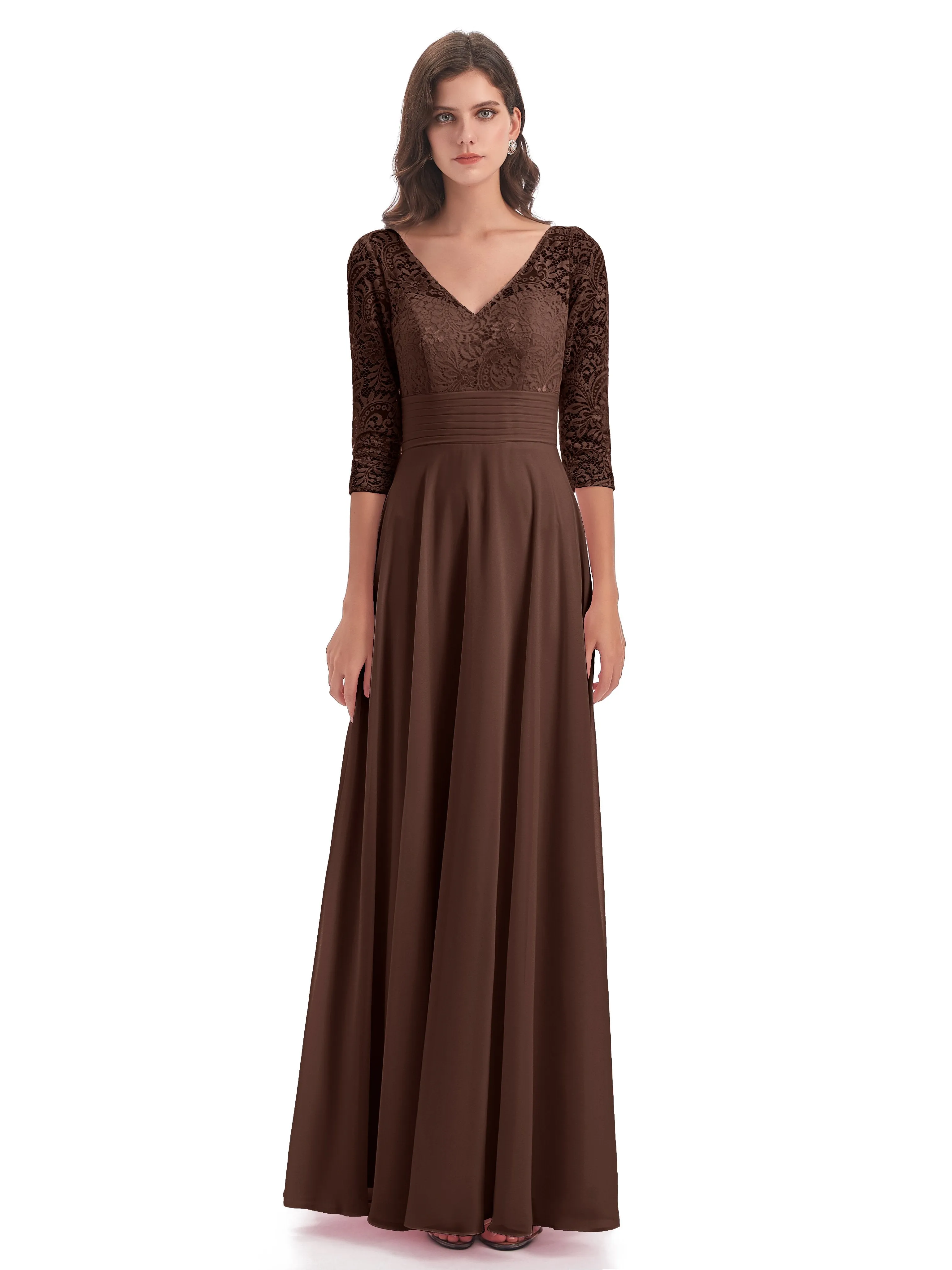 Maya Charming 3/4 Length Sleeves Long Chiffon Bridesmaid Dresses With Lace