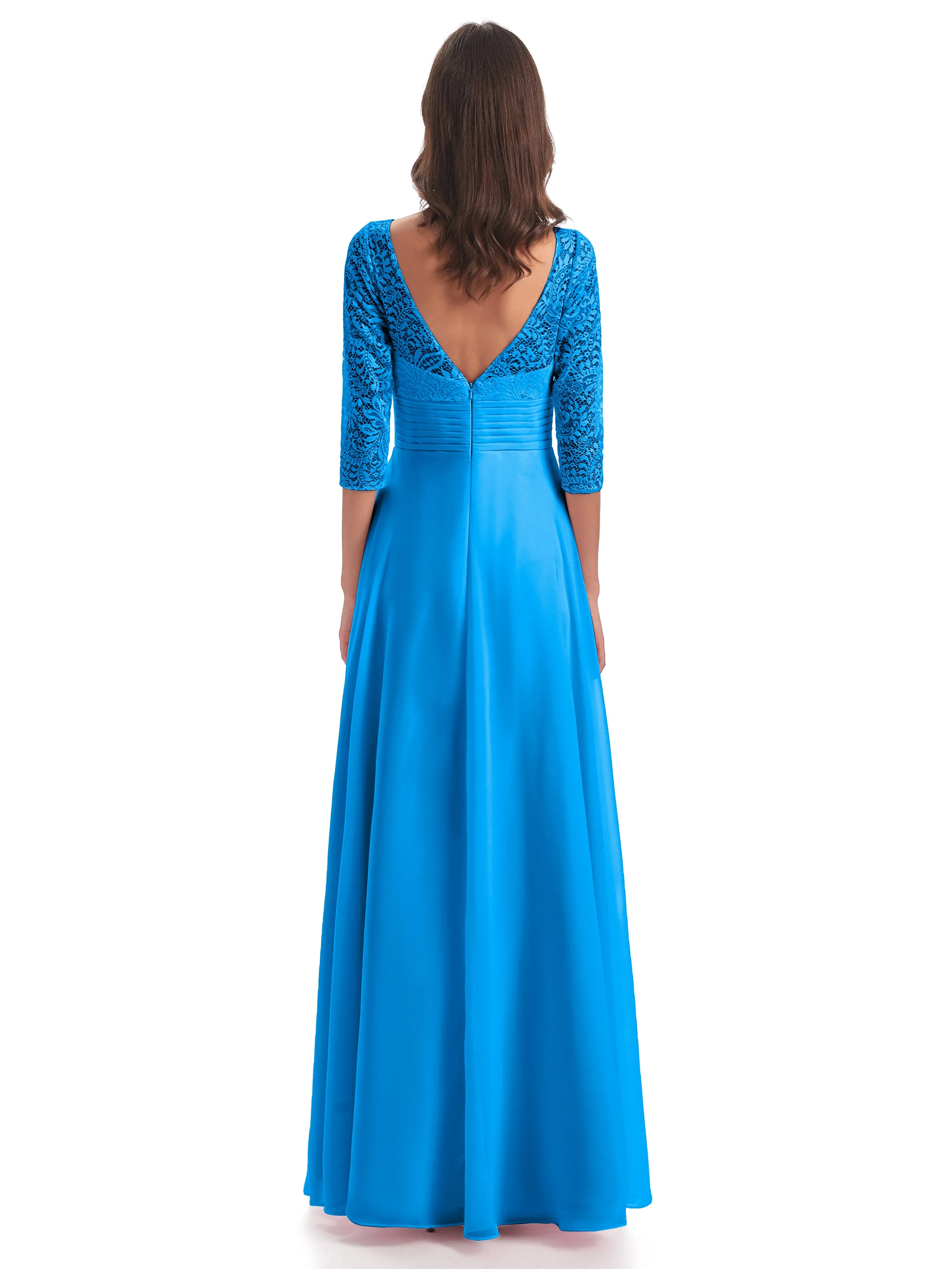 Maya Charming 3/4 Length Sleeves Long Chiffon Bridesmaid Dresses With Lace