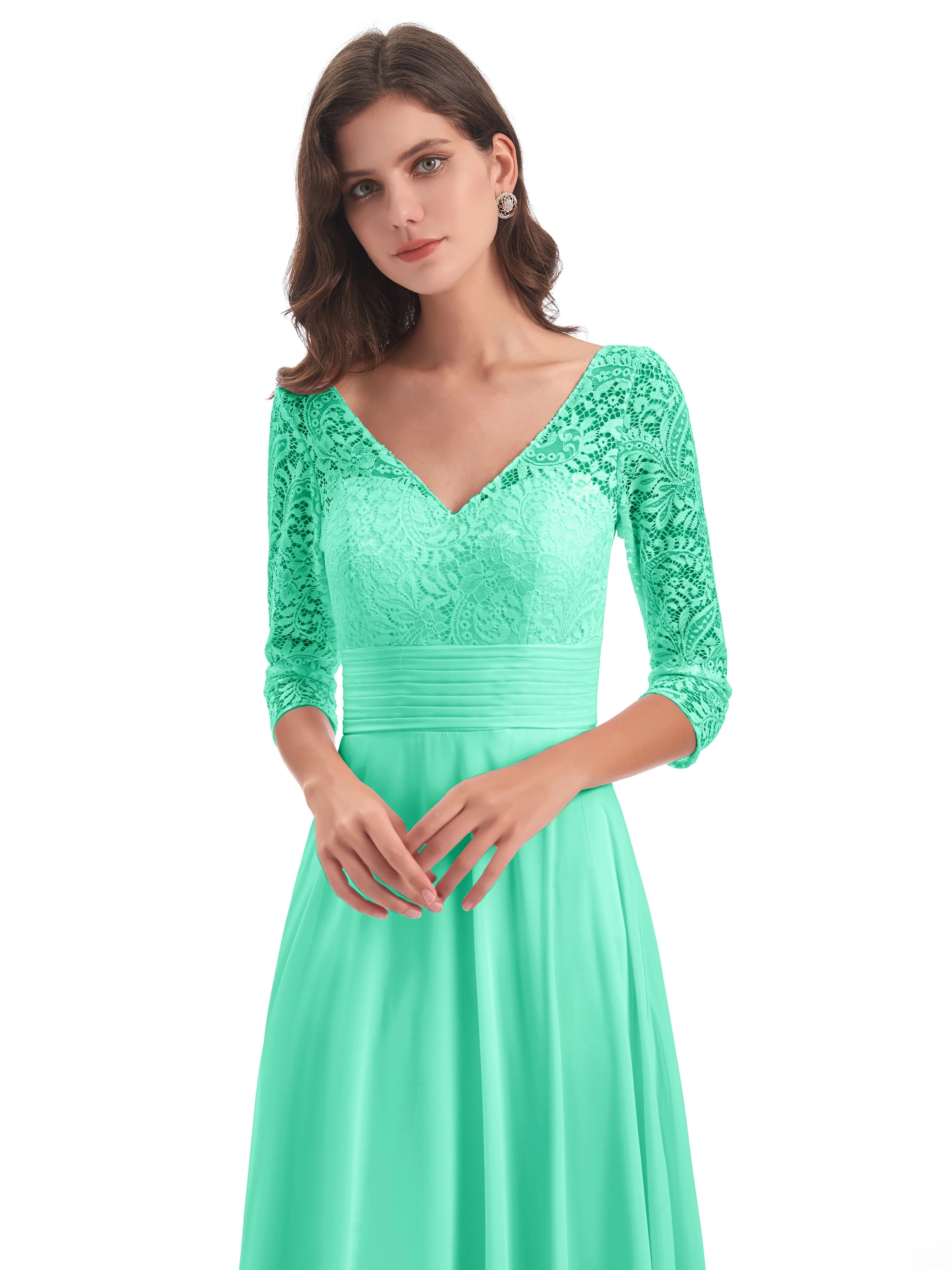 Maya Charming 3/4 Length Sleeves Long Chiffon Bridesmaid Dresses With Lace