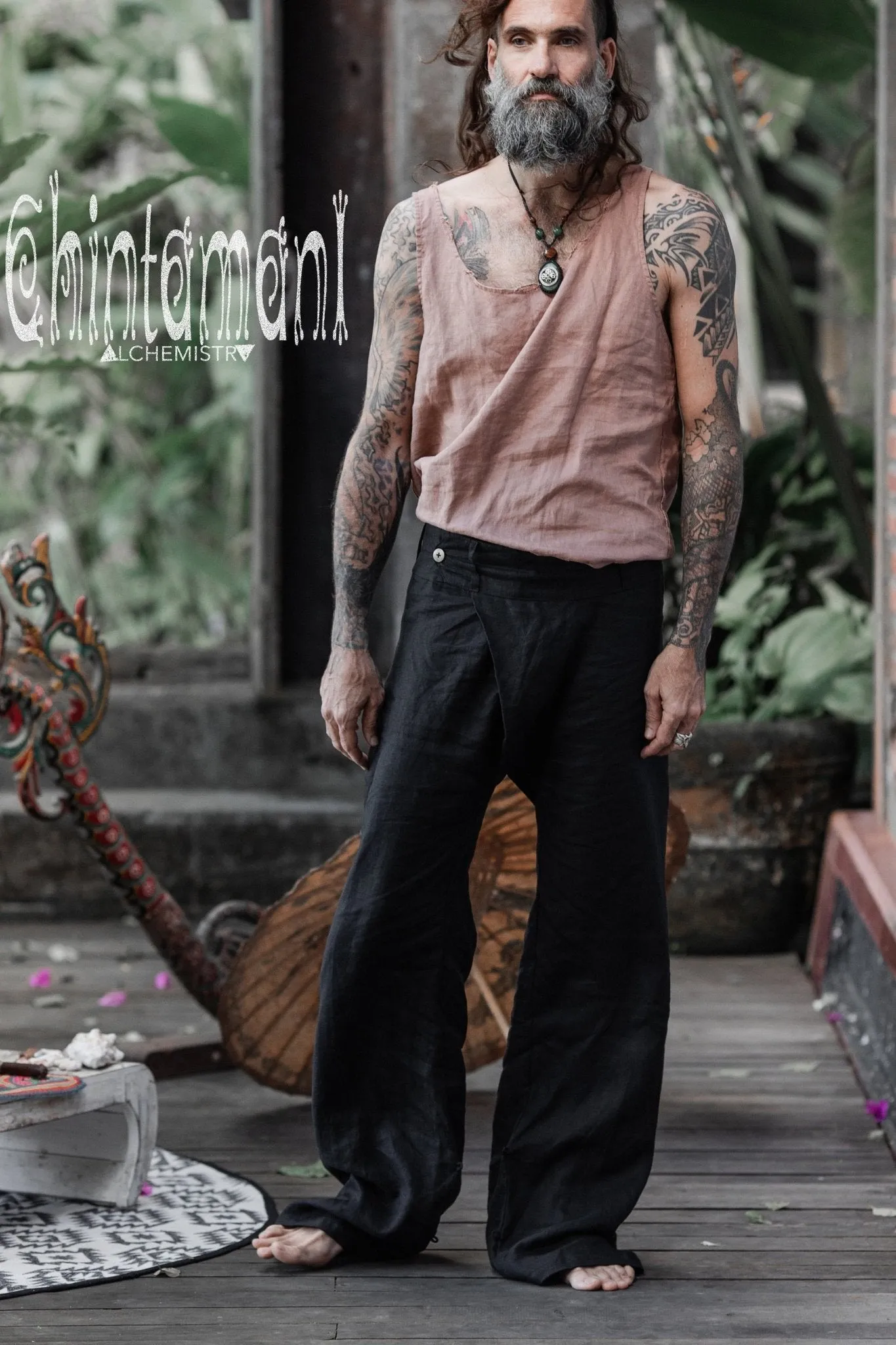 Mens Linen Wrap Pants / Loose Fitting Lounge Boho Trousers / Black