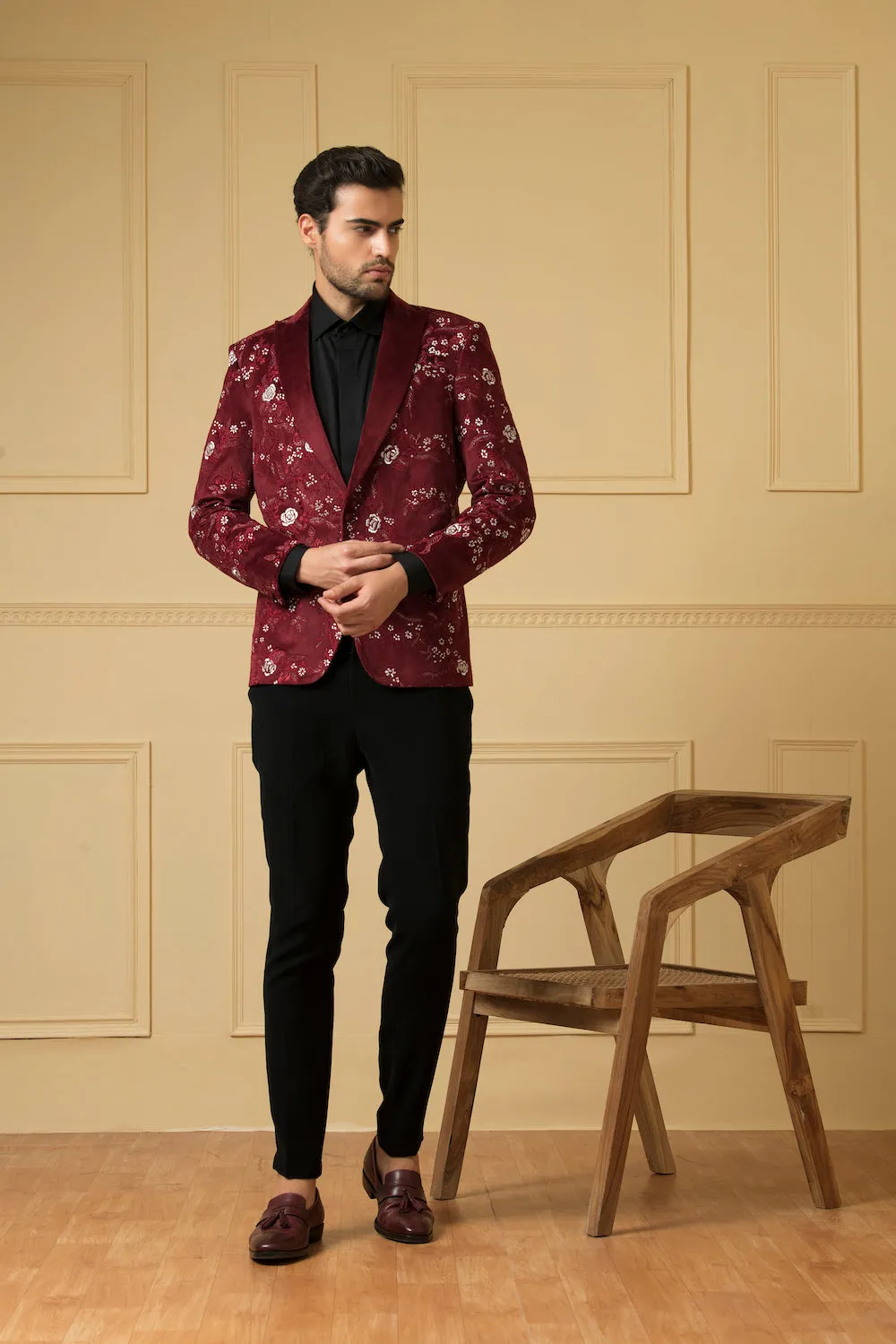 Men's Maroon Embriodered Blazer - Hilo Design