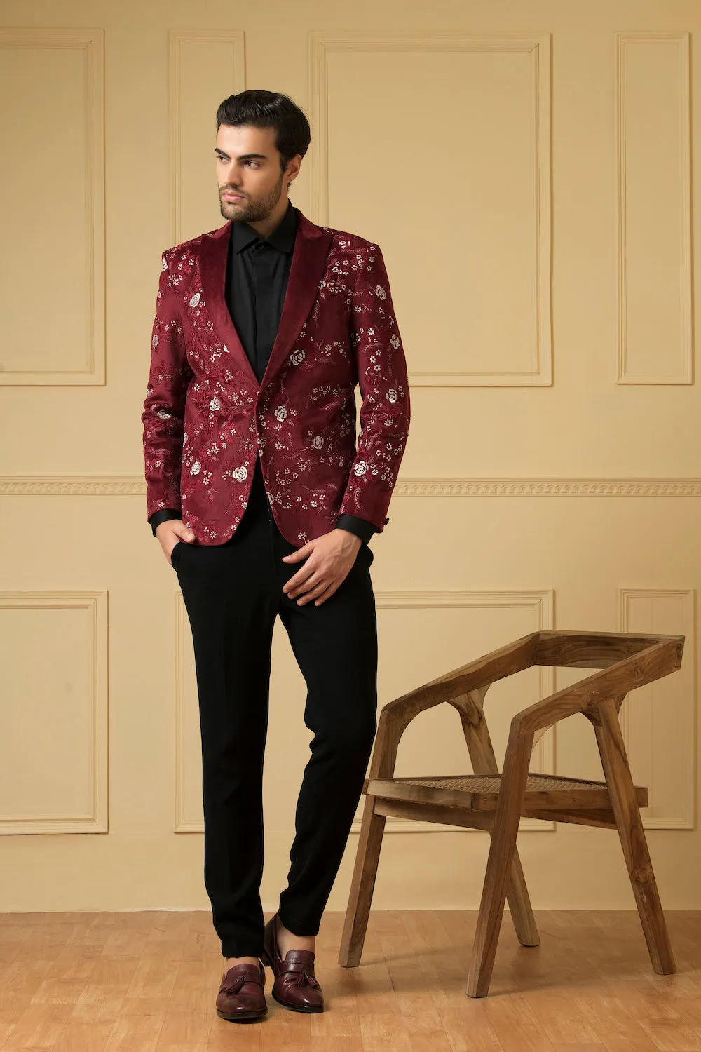 Men's Maroon Embriodered Blazer - Hilo Design