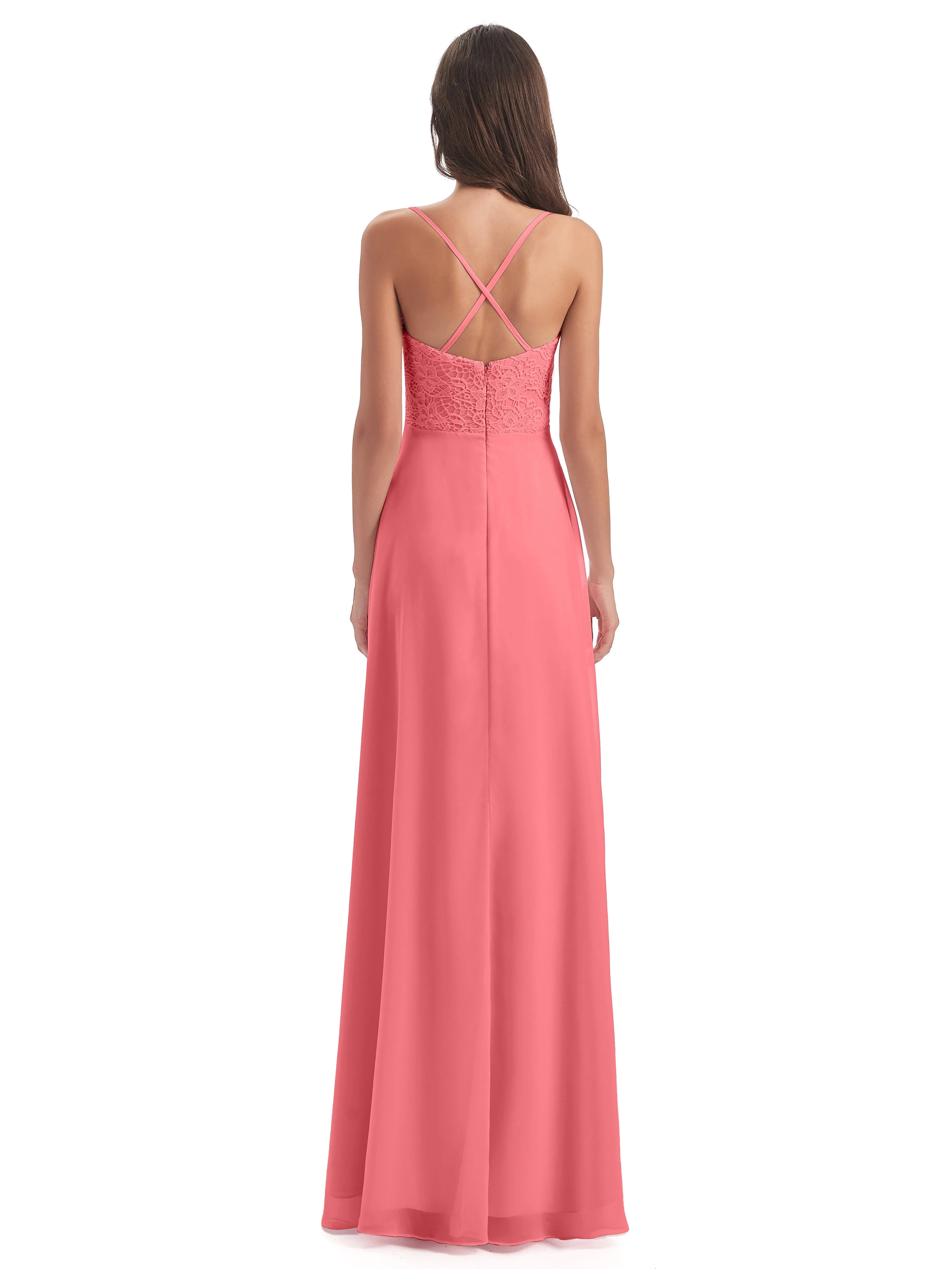 Mia Lace/Chiffon Sheath-Column Long Bridesmaid Dresses