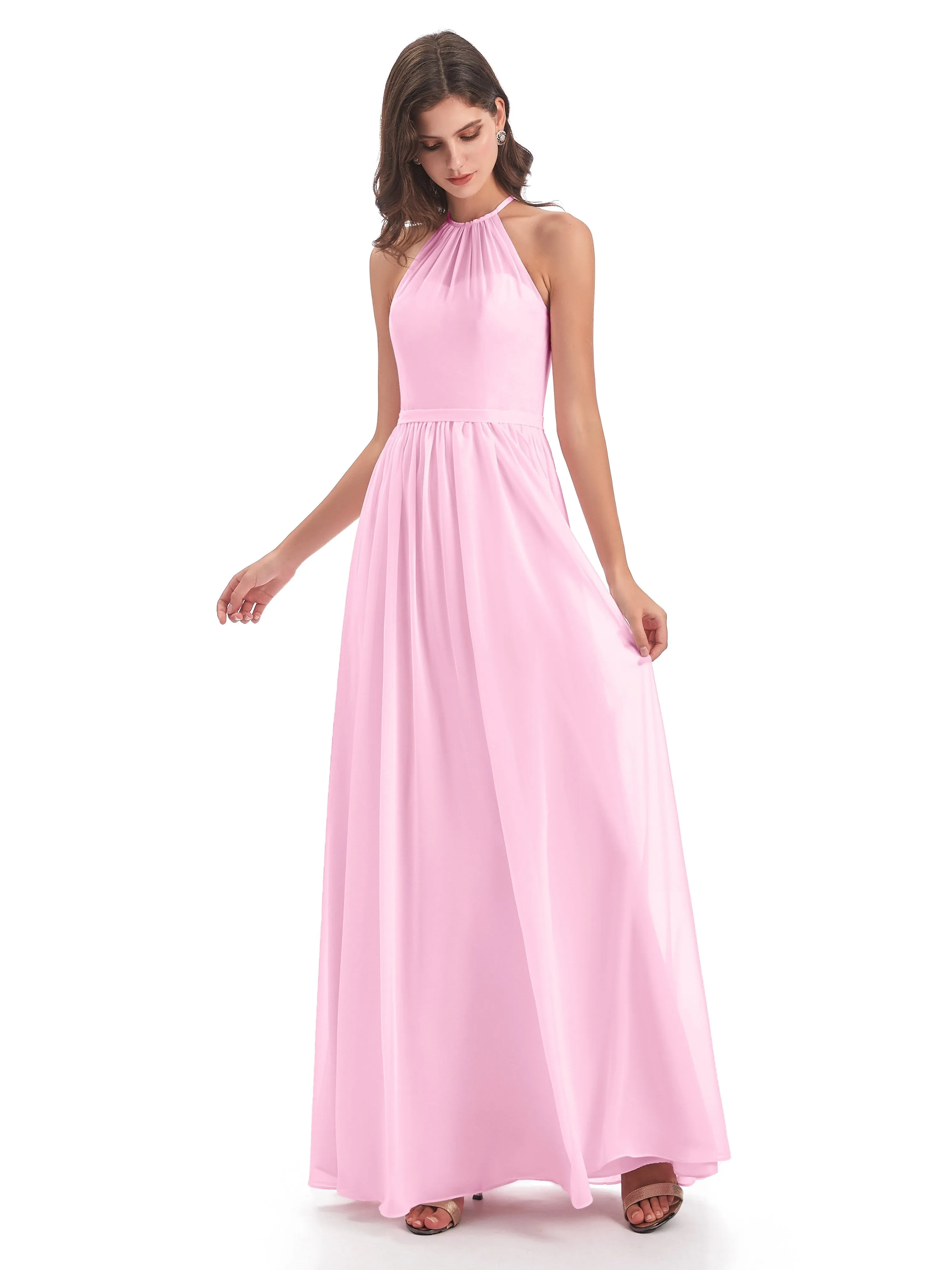 Mila Dazzling Chiffon Halter Floor Length Bridesmaid Dresses