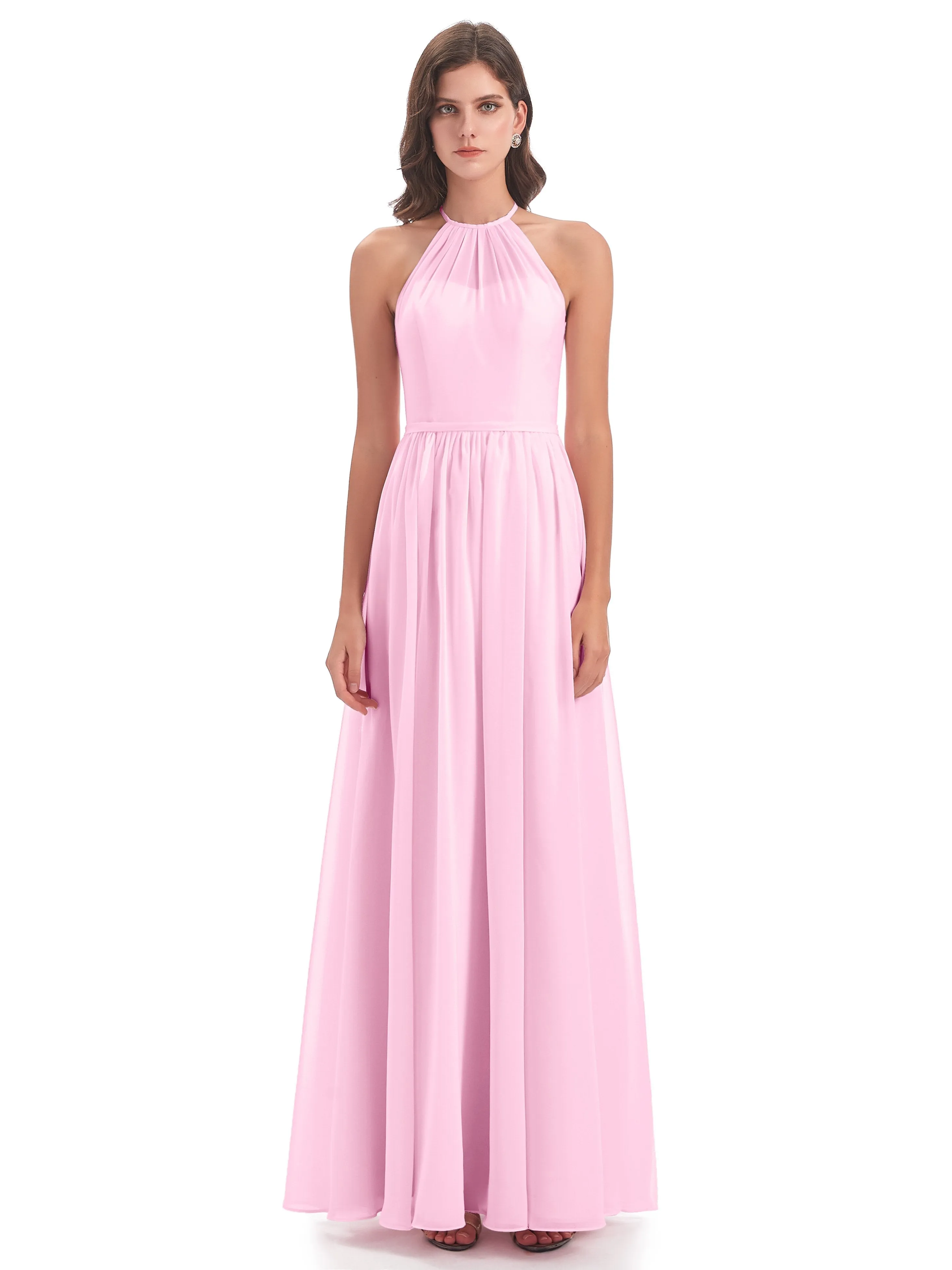 Mila Dazzling Chiffon Halter Floor Length Bridesmaid Dresses