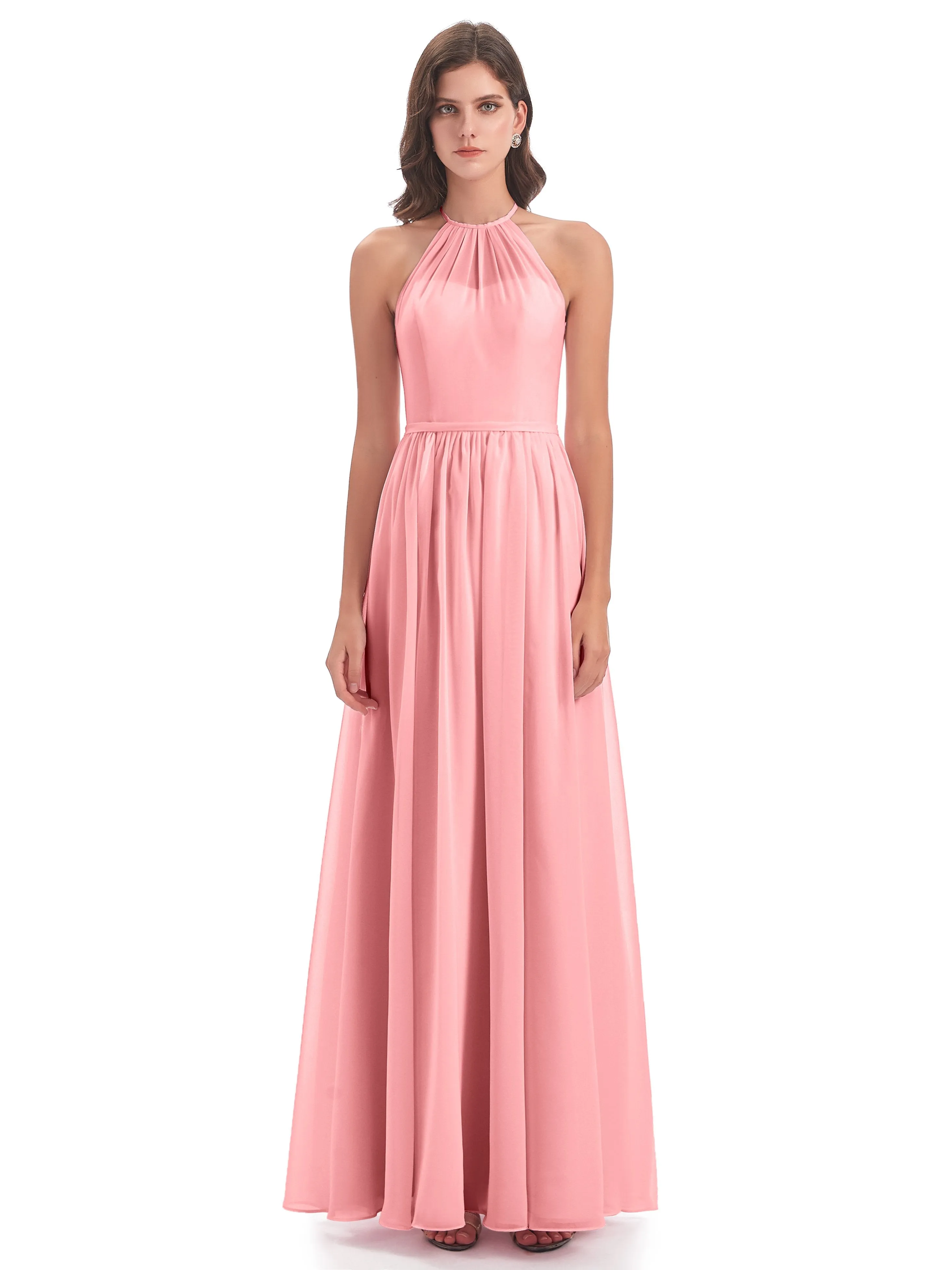 Mila Dazzling Chiffon Halter Floor Length Bridesmaid Dresses