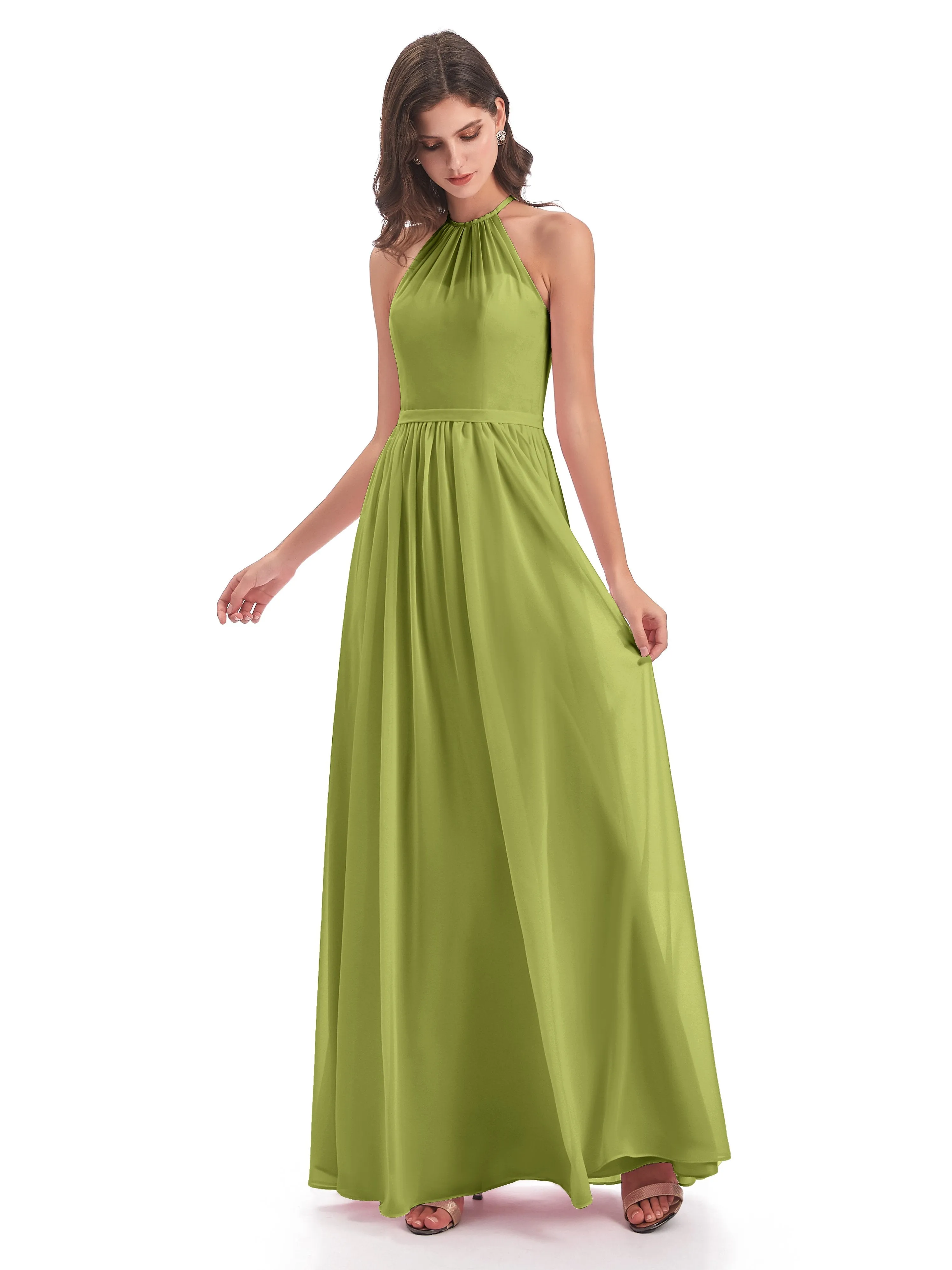 Mila Dazzling Chiffon Halter Floor Length Bridesmaid Dresses