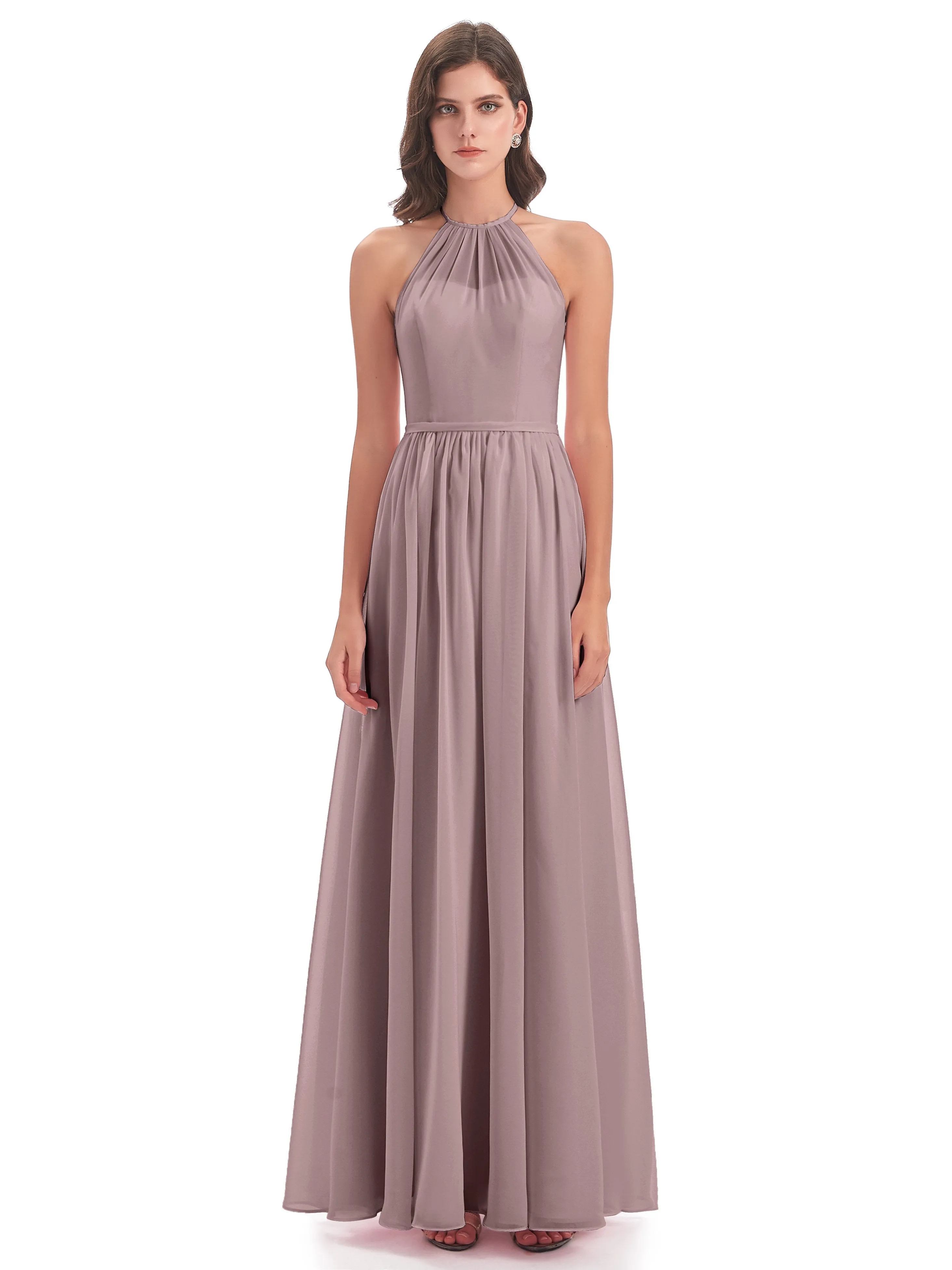 Mila Dazzling Chiffon Halter Floor Length Bridesmaid Dresses