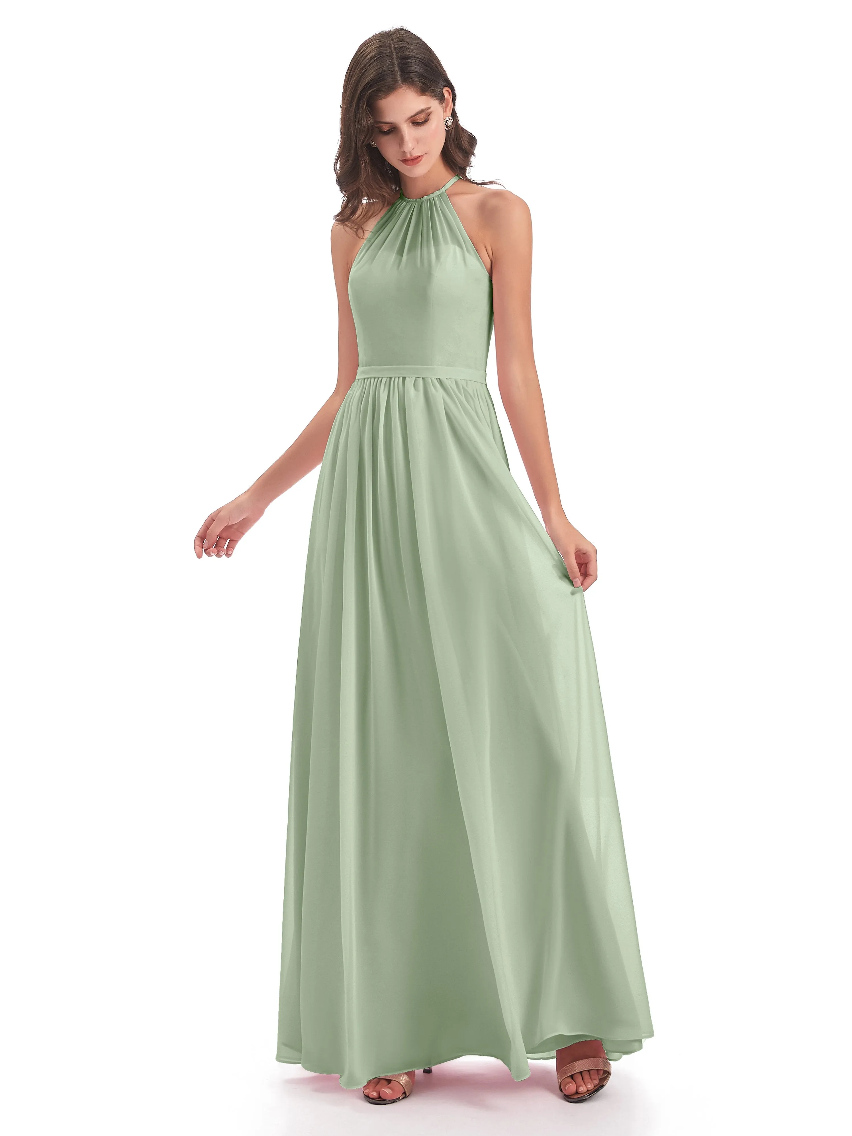 Mila Dazzling Chiffon Halter Floor Length Bridesmaid Dresses