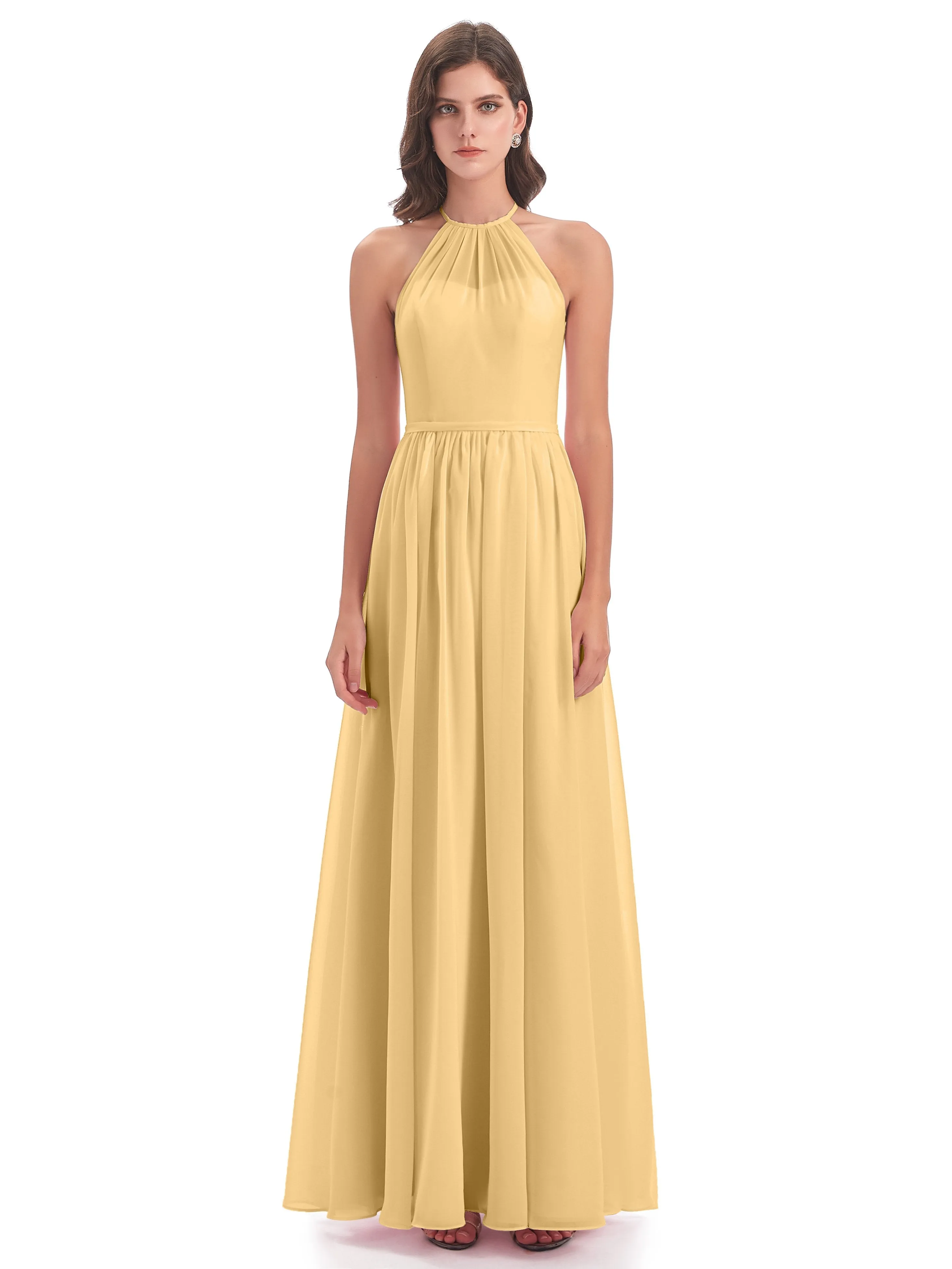 Mila Dazzling Chiffon Halter Floor Length Bridesmaid Dresses